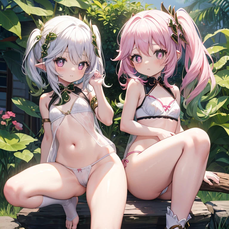 Best Quality, masutepiece、(cute petit girl：1.3), flat chest,Beautiful pink eyes、Lori、((Cuteness beyond limits))、lovely thighs,(((Girls in estrus))))、Panchira、gargantilha、Cute white panties、Show your ass、bend knee、White bra、Open the crotch