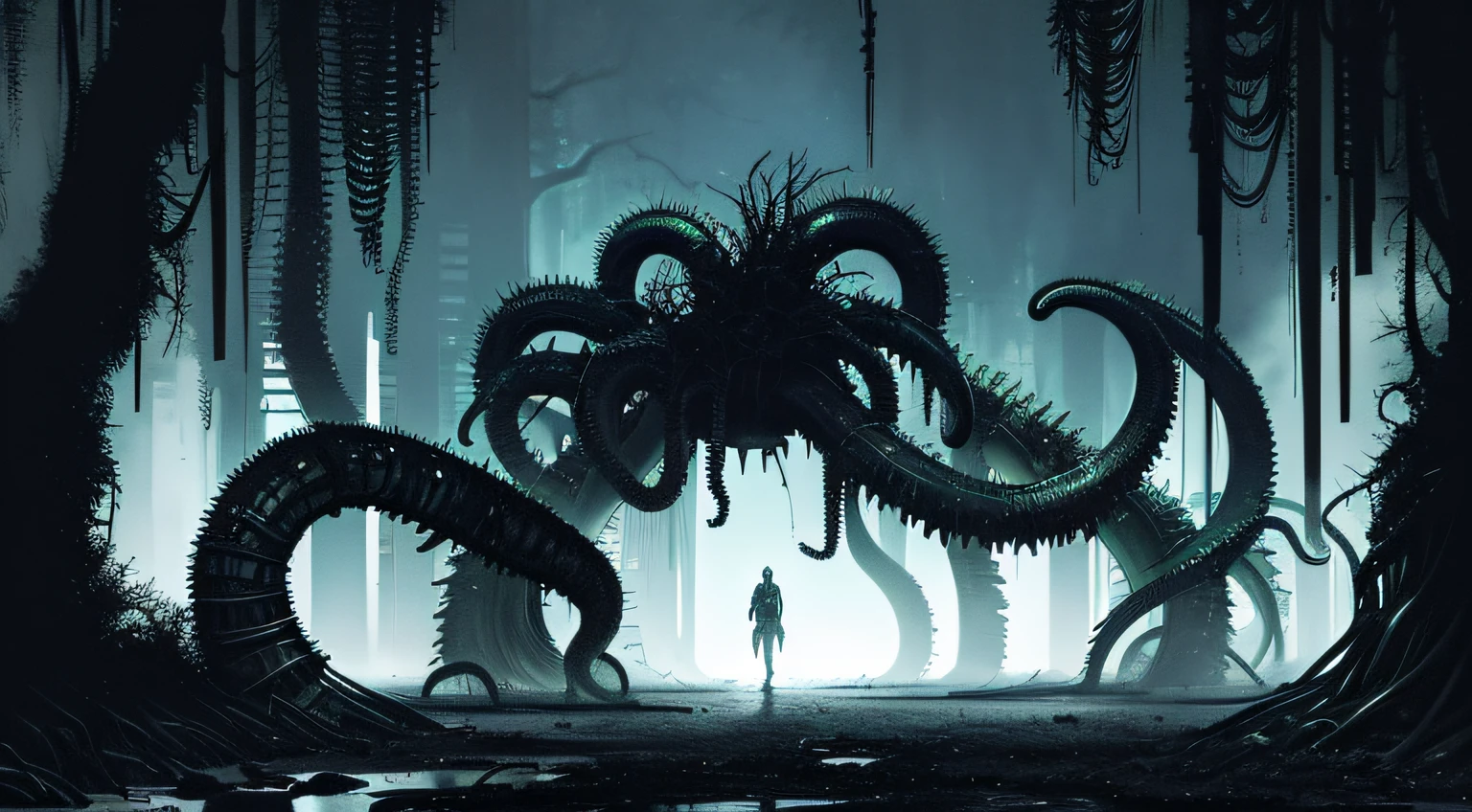 (((tentacles biopunk horror))), Cold lighting, abandoned landscape in biopunk style, (Biopunk style), Horror atmosphere, the presence of something scary, very detailed biopunk background, (Hans Giger equipment), perfect ???????, Masterpiece