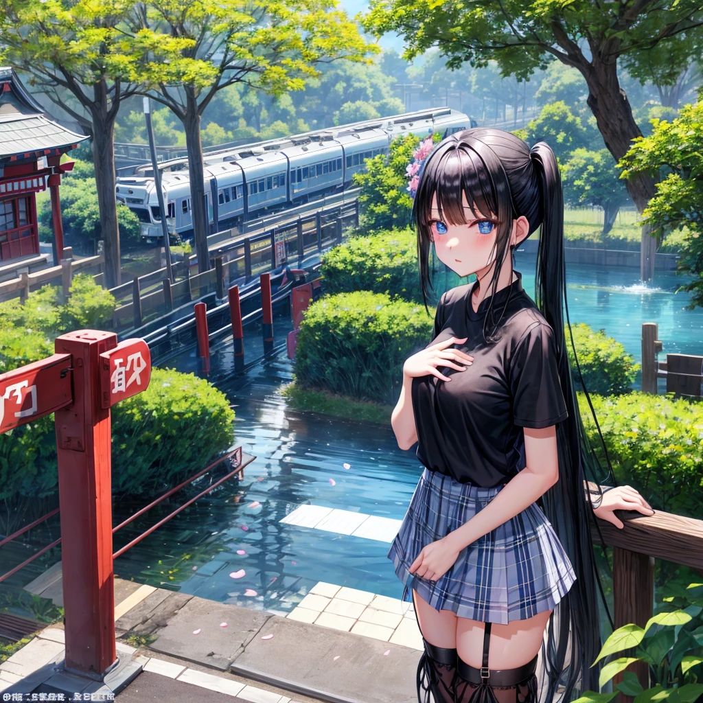 Black blue Hair、blue eyess、one good looking girl、独奏、animesque、lightly dressed、Plaid miniskirt、flower petals、wetting hair、Black T-shirt、large tree、云、railroad crossing、poneyTail、shrines、!!!!????、wakame