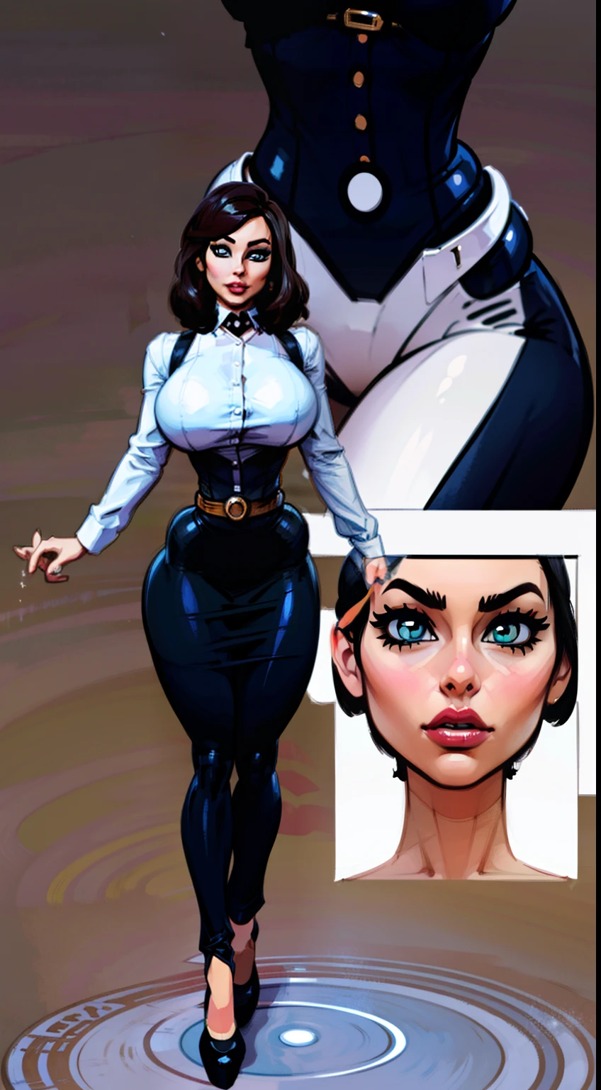 ((Elizabeth)), full body pose, dynamic image, perfect anatomy, perfect composition, detailed face, Bioshock infinite, Female in middle of image, reference sheet, concept character, character design, sketch,doodletits,, sexy lips, (gigantic breasts:1.1), skindentation, breasts, official illustration, illustration, detailed face, beautiful intricate eyes, curvy milf, 1:2), closeup, titsnipples, hourglass waist, slendered ans, wide hips,