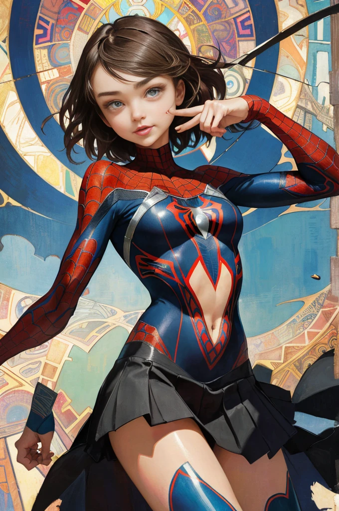 Miranda Kerr、Sticking out the navel、newyork、She wears a torn Spider-Man suit,wearing skirt、abstract photorealistic、artistic、Alphonse Mucha's painting(masterpiece、top-quality、hight resolution:1.4)、detaileds、intricate-detail、4K、color splashes、line-drawing、Fibonacci、