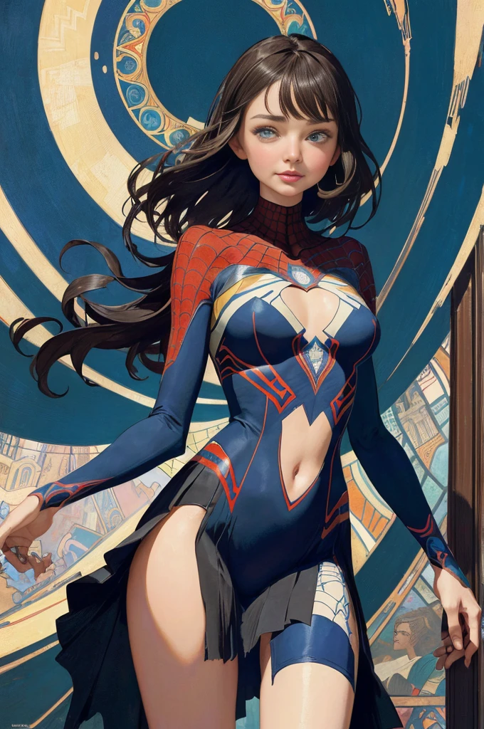 Jennifer Love Hewitt、Sticking out the navel、newyork、She wears a torn Spider-Man suit,wearing skirt、abstract photorealistic、artistic、Alphonse Mucha's painting(masterpiece、top-quality、hight resolution:1.4)、detaileds、intricate-detail、4K、color splashes、line-drawing、Fibonacci、