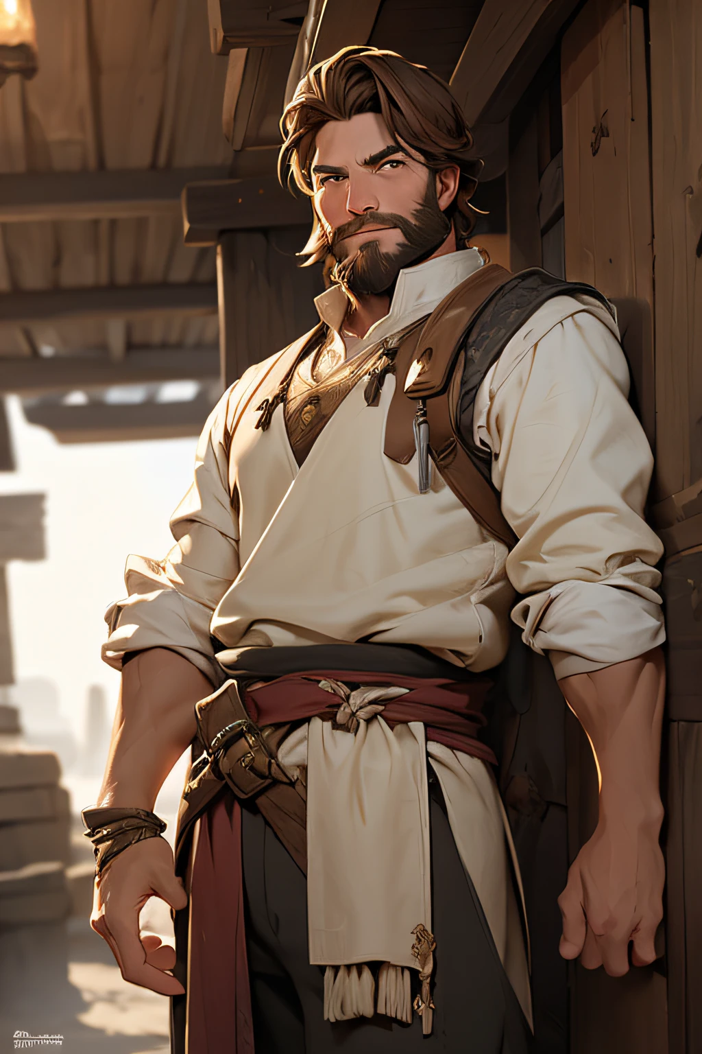 A middle aged man with a gentle smile, soft face, slight beard, brown hair, dnd, fantasy style, tavern owner