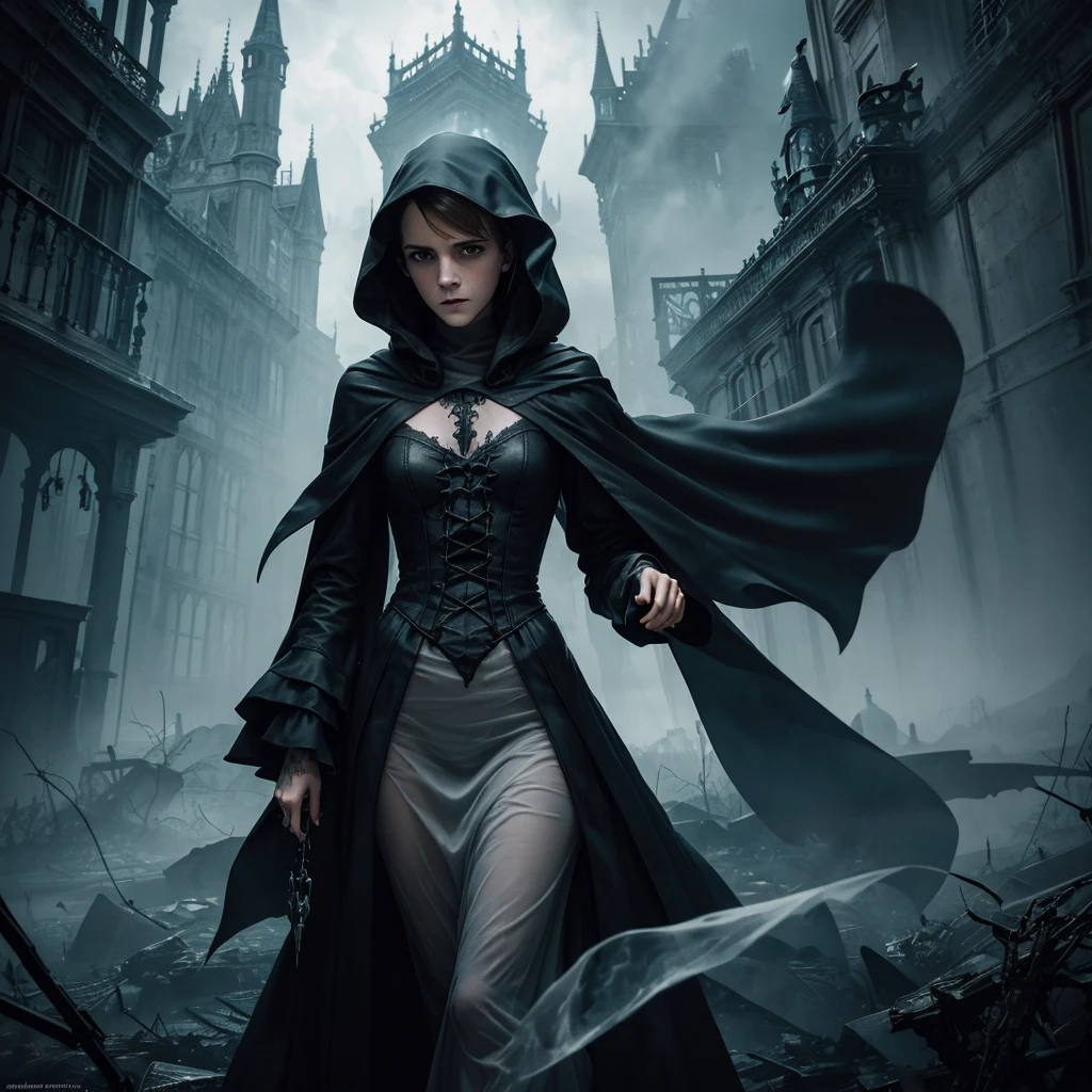 ghostlystyle, Emma Watson, ghostly mist, (transparent, floating), gothic horror, tattered ghostly clothes, grey reaper, grim reaper hood, full body, trapped in a haunted oil painting, hyperrealism, ghostly claws, trapped, (scared, panicked,, horrified), hands in lap, peter mohrbacher, pierre terblanche, trending on artstation