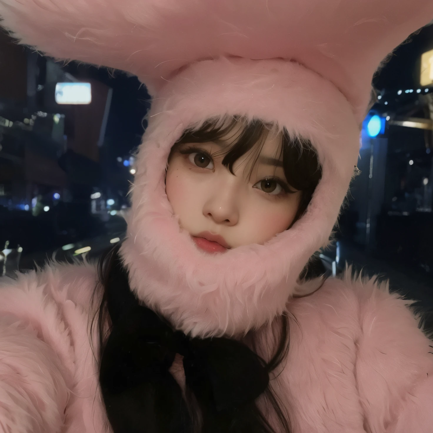 Araffe wearing a pink furry hat and a furry coat, vestindo uma fantasia de coelho rosa, vestindo um terno de coelho, terno de coelho, with long floppy rabbit ears, com orelhas de coelho, Lalisa Manoban do Blackpink, Lalisa Manobal, tzuyu de duas vezes, o coelhinho tem pelo rosa, com orelhas de coelho grandes, coelhinho menina, jossi do blackpink