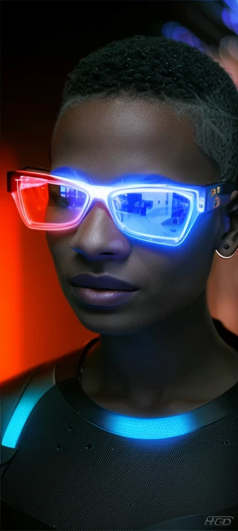 There's a man with a mohawk and sunglasses, taken in the early 2020s, imagem de qualidade muito baixa, Riyahd Cassiem, em torno de 1 9 anos, em estilo de davey adesida, No estilo de Tyler Mitchell, Album art, taken in the late 2010s, Alma piedosa, Jorge Pemba (Female protogen),Cyberpunk,Mechanicalgirl,olhos brilhantes,metallic surface,display digital,Advanced technology,Futuristic,neon lights,electromagnetic field,bordas afiadas,Design simplificado,organismo digital,Biomechanicals,Atmosfera misteriosa,viseira de vidro,sentidos aprimorados,energetic pose,invisible circuits,holographic projections,fios coloridos,female cyborg