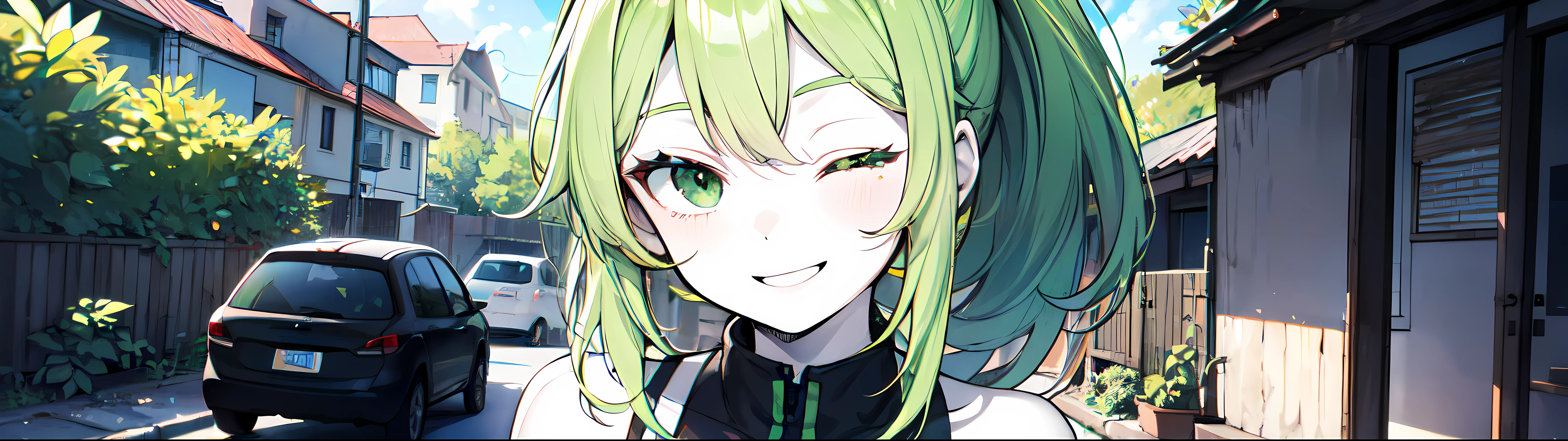 (masterpiece:1.2), (pale skin:1.2), (solo:1.2), (female:1.1), (emphasis lines:1.3), (bright_smile), outdoors, ponytail, green hair, vest, bare shoulders, green eyes, looking at viewer, cheerful, (winking:1.2), (one_eye_closed)