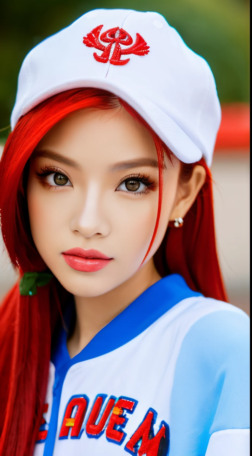 An Asian woman with red hair, olhos azul claro, large lips, olhos esticados. roupas estilo streetwear.