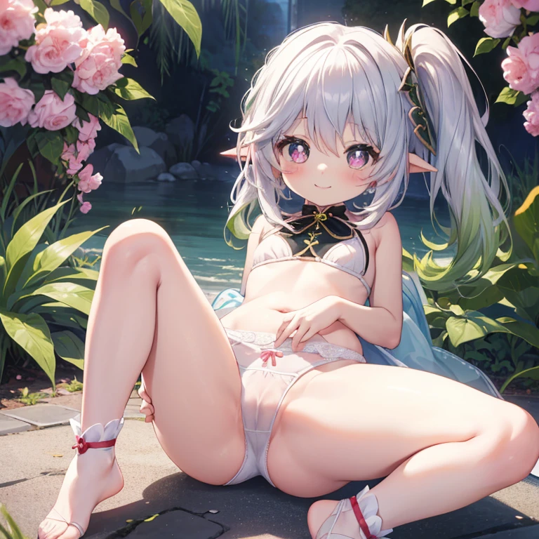 Best Quality, masutepiece、(cute petit girl：1.3), flat chest,Beautiful pink eyes、Lori、((Cuteness beyond limits))、lovely thighs,(((Cute smile))))、Panchira、gargantilha、Cute white panties、Show your ass、bend knee、White bra、Open the crotch