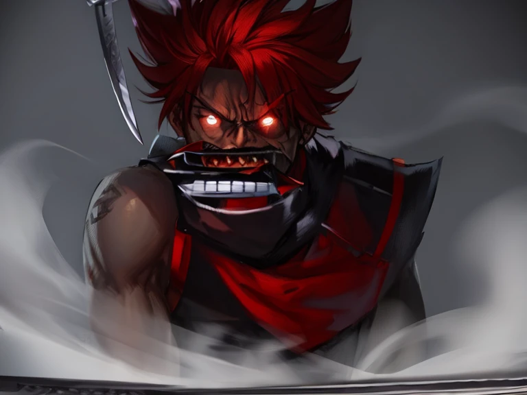 Drawing of hero with knife in mouth, Angry character waving sword, badly drawn, Creepy,scary angry pose, Hanging ground