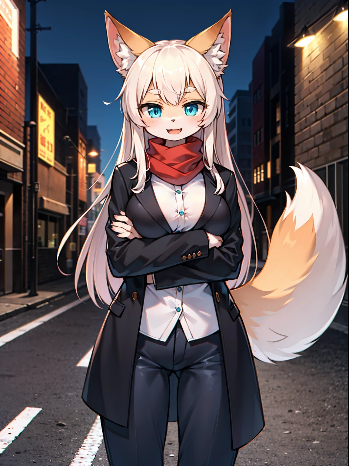 1girl, animal ear fluff, animal ears, aqua eyes, bangs, black coat, breasts, buttons, coat, crossed arms, fox ears, fox girl, highres, large breasts, long hair, looking at viewer, open mouth, partially unbuttoned, road, scarf, shirt, short eyebrows, smile, solo, standing, street, tail, thick eyebrows, upper body, white shirt, from below