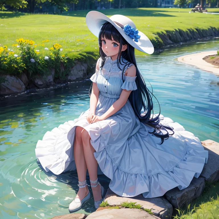 A girl with white hat and blue dress sitting down under a tree beside a river , hre around is to many colorful flower, looking at viewer