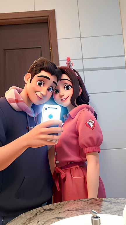 um casal de namorados tirando foto na frente de um espelho, sorridentes e felizes