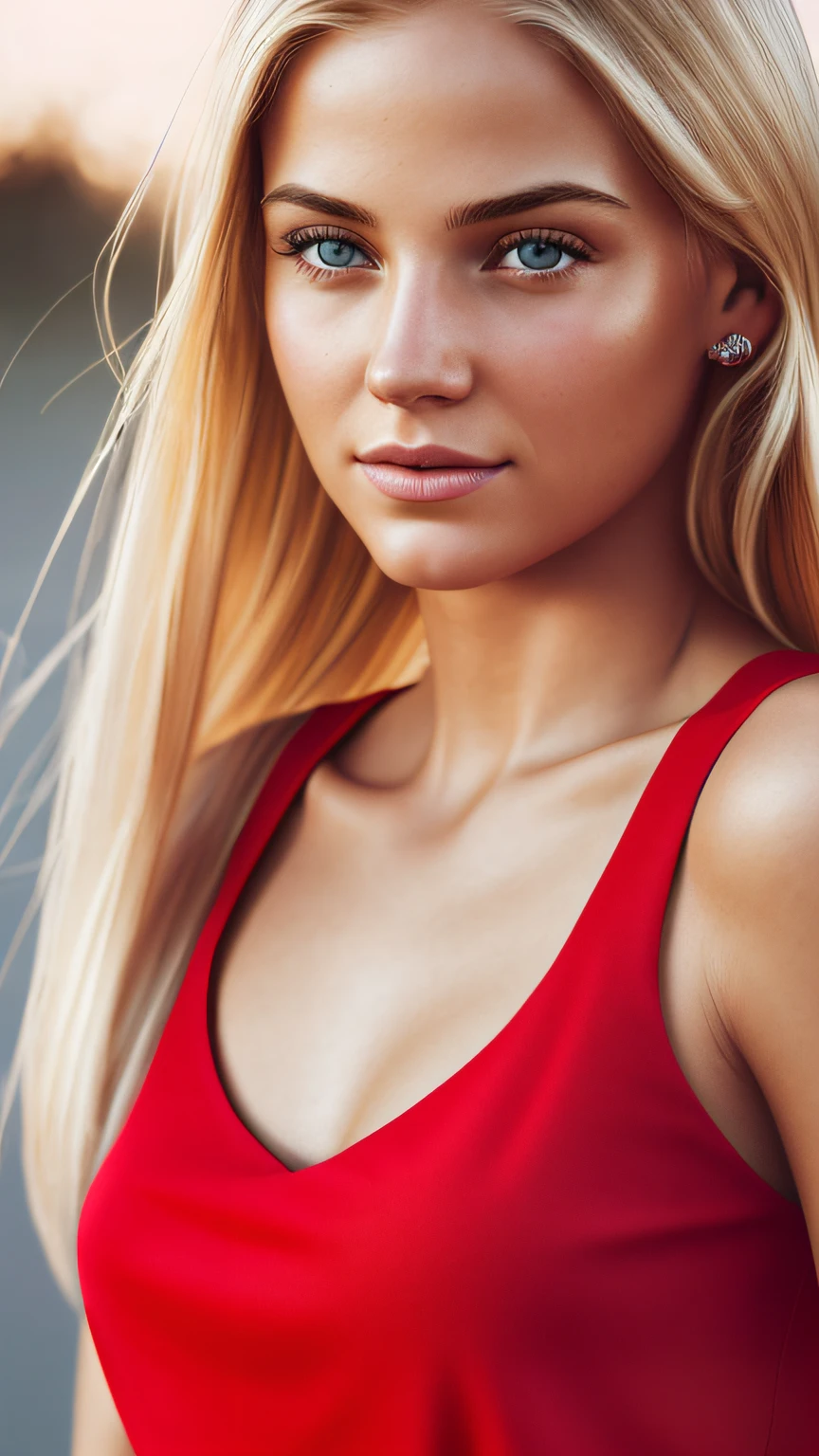 a portrait photography of a blonde girl in red top, detailed skin, highly detailed, diffused soft lighting, hyperrealism, cinematic lighting