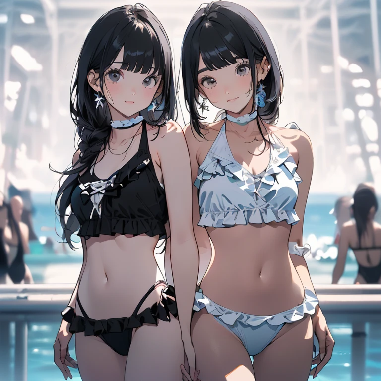 ((masterpiece、top-quality:1.5、a high chroma:1.5、ultra-detailliert、high-resolution illustrations:1.5、Ultra-high-definition CG、8k size wallpaper、offcial art))、((2girls、twin sisters)),(yuri),(cute face:1.5)、(clear face:1.3),(Shining eyes:1.5),(One girl in bikini, the other girl in highleg swimsuit:1.5)
((black-only color scheme highleg swimsuit:1.5)), ((white-only color scheme frilled bikini:1.5)),(sexy body),(One is only a black frilly bikini、The other one is only a white high leg swimsuit:1.5),(),(), ((medium breasts))、
,(Background is bright colors, summer beach)、midjourney
