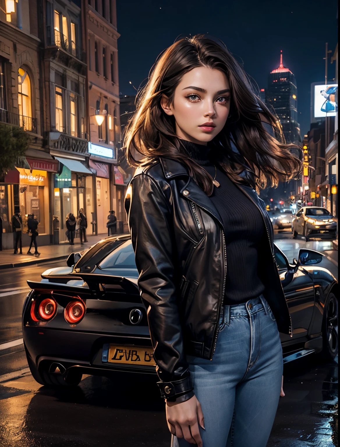 A beautiful woman stands in front of a car-shaped time machine. Dark brown hair. Beautiful double eyes. The bridge of my nose. Well-shaped lips. Wearing a jacket and jeans. The location is a city at night. The car is a sports car type.