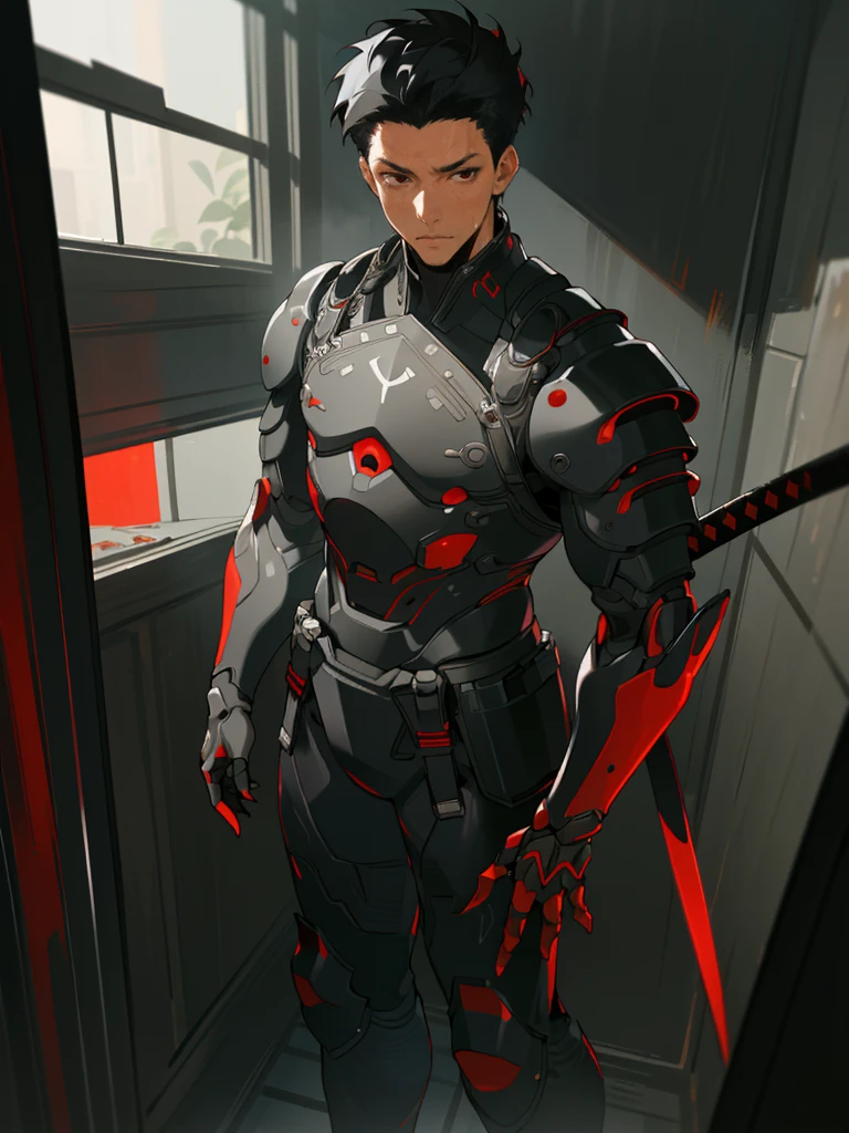 (masterpiece, best quality), black hair, short hair, plant, looking at viewer, red eyes, katana, High-tech armor, reinforced exoskeleton, solo focus, standing, (1man:1.4),