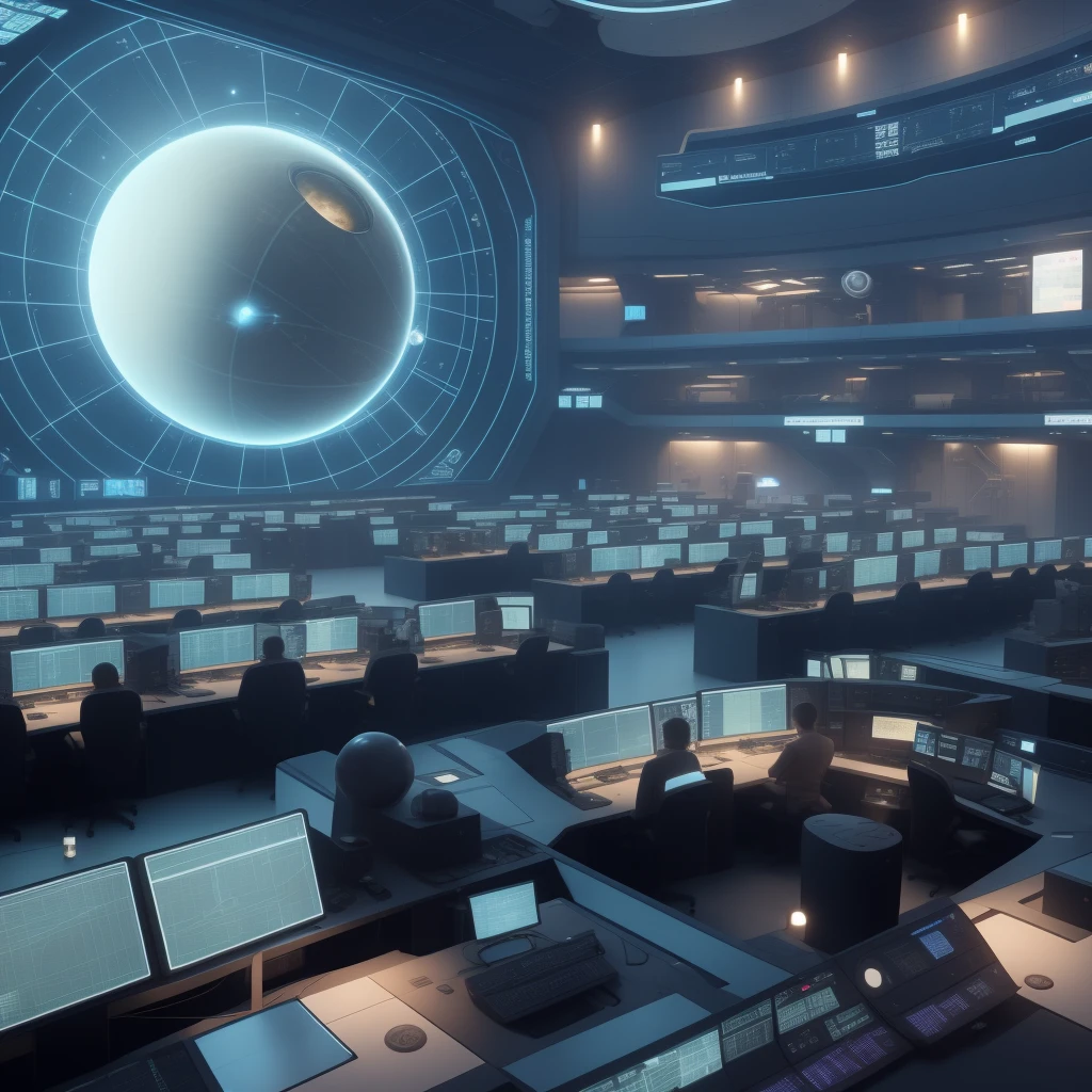 view of a large room with several computers and a large screen, Futuristic government solar system, Inside a futuristic military base, Futuristic Science Lab, Futuristic Lab, futuristic production facility, Sci - Крытый Fi, cyber space, depicted as a sci-fi scene, futuristic cyberpunk scenario, Sitting in the control center, In a futuristic laboratory room, in a futuristic arena, science fiction, photo realism, Planet Medlana, Luxor solar system, Station for tracking objects in the solar system and beyond. Office of space observation stations, high detail, many jobs, rogue radars, 3D star screen on the wall, monitors around the walls, equipment, instrument lighting, in the middle of the room is a transparent star globe with meridians and parallels, many employees.