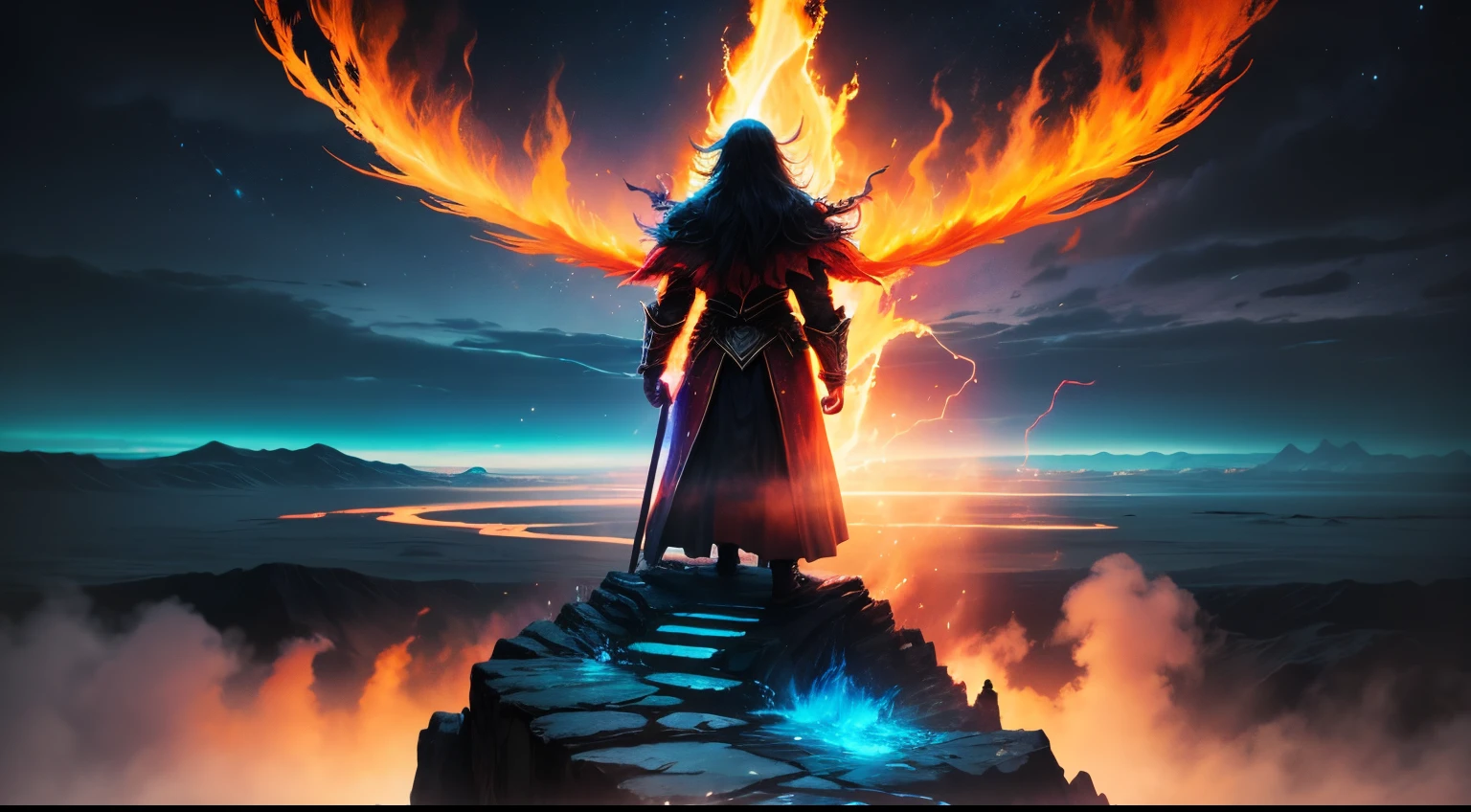As the flames of the Bifrost Bridge lick at the sky, a lone figure stands at its edge, daring to challenge the fiery wrath that awaits any who dare to cross without permission.