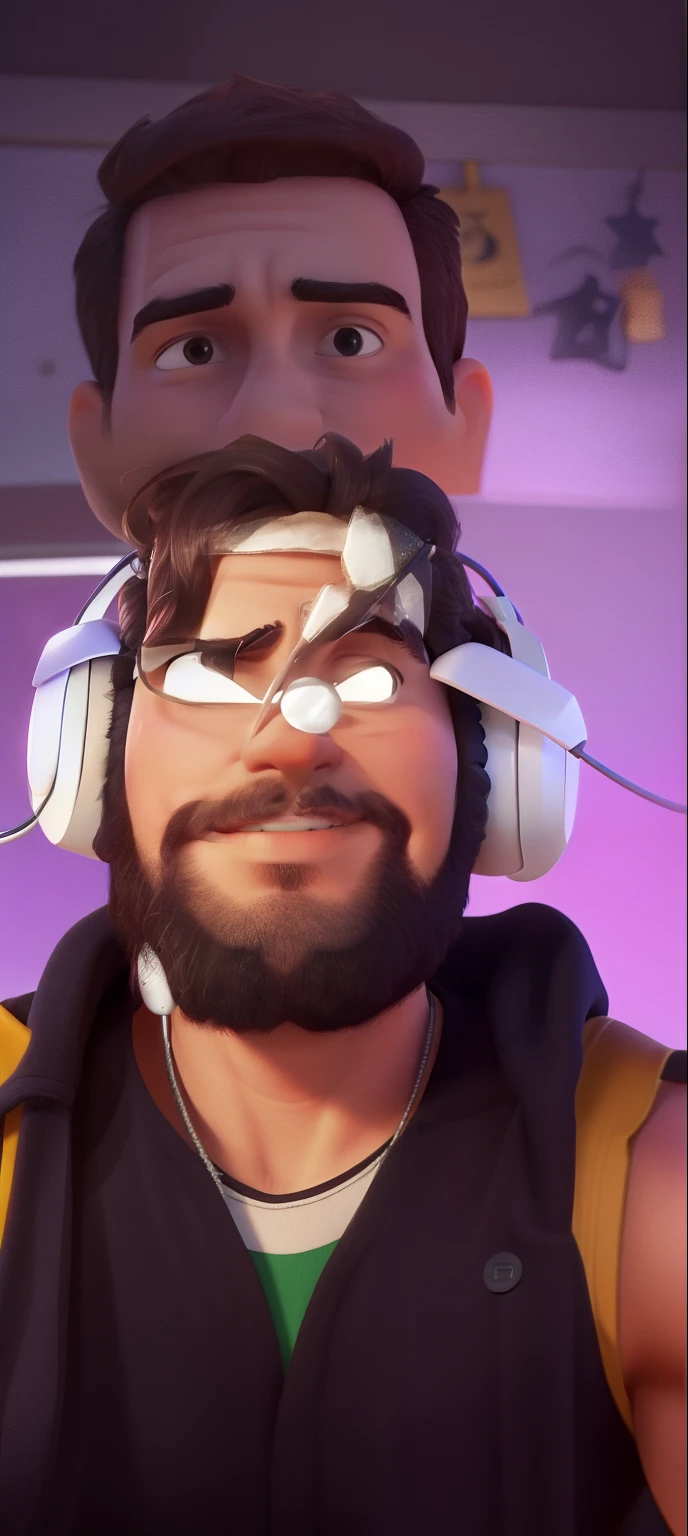Um homem parado, with a white headset on his head