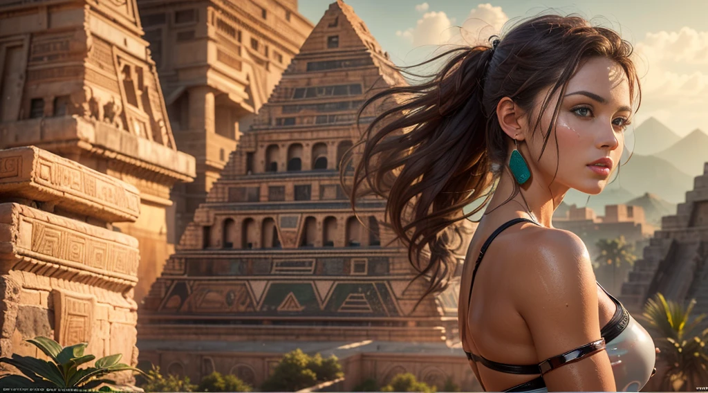 8K ultra-realistic, high resolution masterpiece , highly detailed artwork , depicting a stunningly busty beautiful and alluring young Lara Croft in her signature attire , sexy kaki shorts and a blue crop top with a deep neckline , hiking boots, thigh gun holsters, . Long brown hair with a ponytail, ((((sensual and beautiful detailed glossy lips, extremely detailed and realistic bright green eyes and a extremely beautiful angelic face, lifelike skin tones ))))), (((really huge bouncing breasts))) ((( partially exposed breasts 1.6)))with an (((Amazing tiny sportive body with small waist and big nice round butt ))). ((((She exuding a sexy appeal set against the backdrop of an Aztec pyramid in the background , with highly detailed surroundings, and light reflections to elevate the realism . Ensure intricate ultra realistic skin details,))) (HDR lighting, and ray tracing effects,) striving for an art piece reminiscent of a renowned artist's style, aiming for maximum visual allure and lifelike realism.,(realistic,photorealistic,photo-realistic:1.37),HDR ,UHD, studio lighting, ultra-fine painting, sharp focus,physically-based rendering, ,vivid colors. Full body view