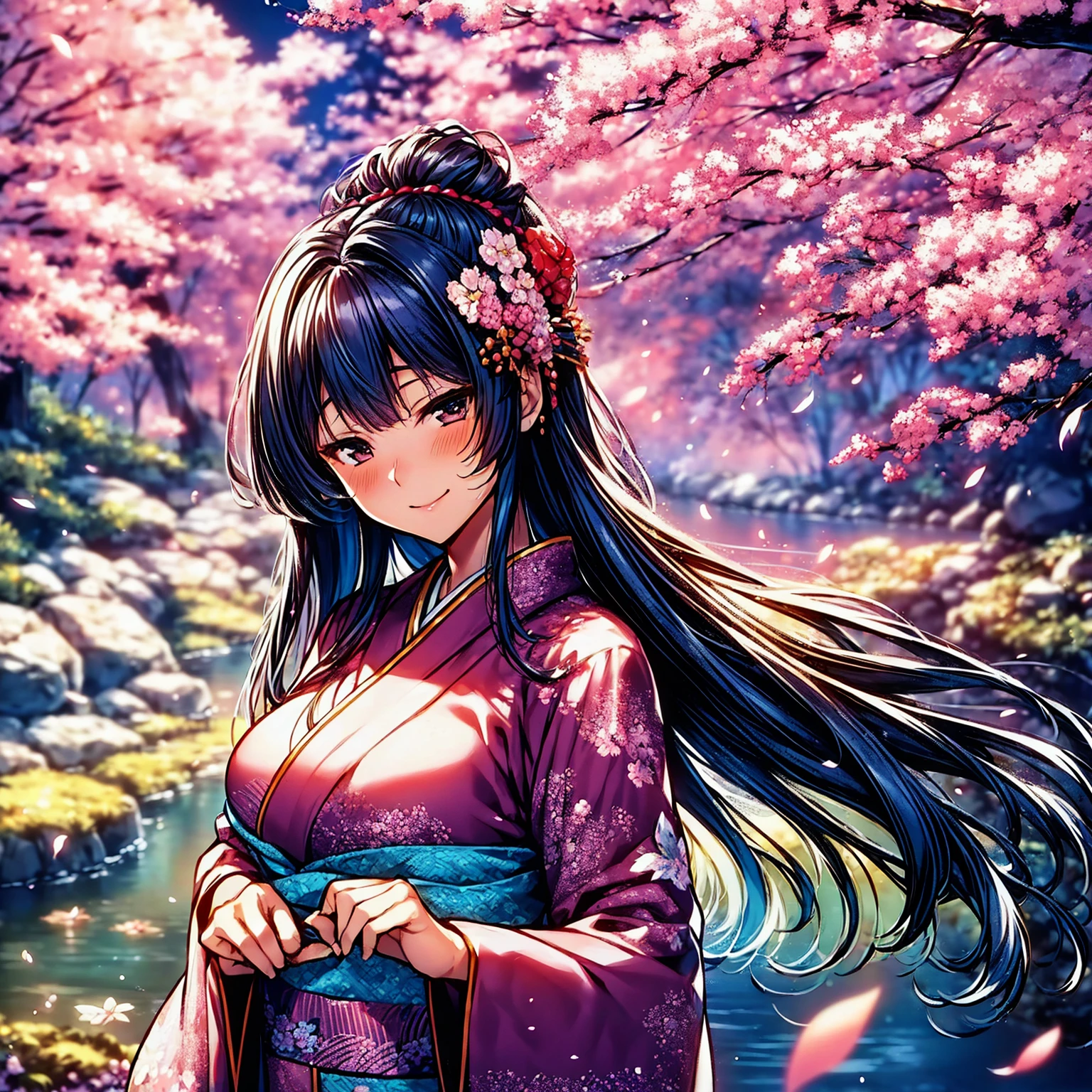 (top-quality、masterpiece、very high res、Ultra high resolution/high image quality detail 1.5)、One woman with perfect and ultimate beauty(18 years old 1.5)、Realistic portraits、Beautiful breasts with a slender body shape(F Cup 1.5)、Beautiful body、美丽的面容、Beautiful hair、Realistic textured skin and、Wearing a beautiful Japanese kimono、Kimono comes with colors and patterns、Bright smile、Hair flutters under the influence of the wind、Japanese garden with beautiful cherry blossoms at night、Mysterious night sky、Beautiful Landscapes、(accurate detail、the detailed images、Accurate images、Perfect Image 1.5)、、beautiful anime woman, Beautiful Art Style, an animated character、The whole picture、Detailed picture、accurate anatomy、Defect-free images、natural soft light、beautiful image、extremely detailed picture、(Best Shot 1.2)