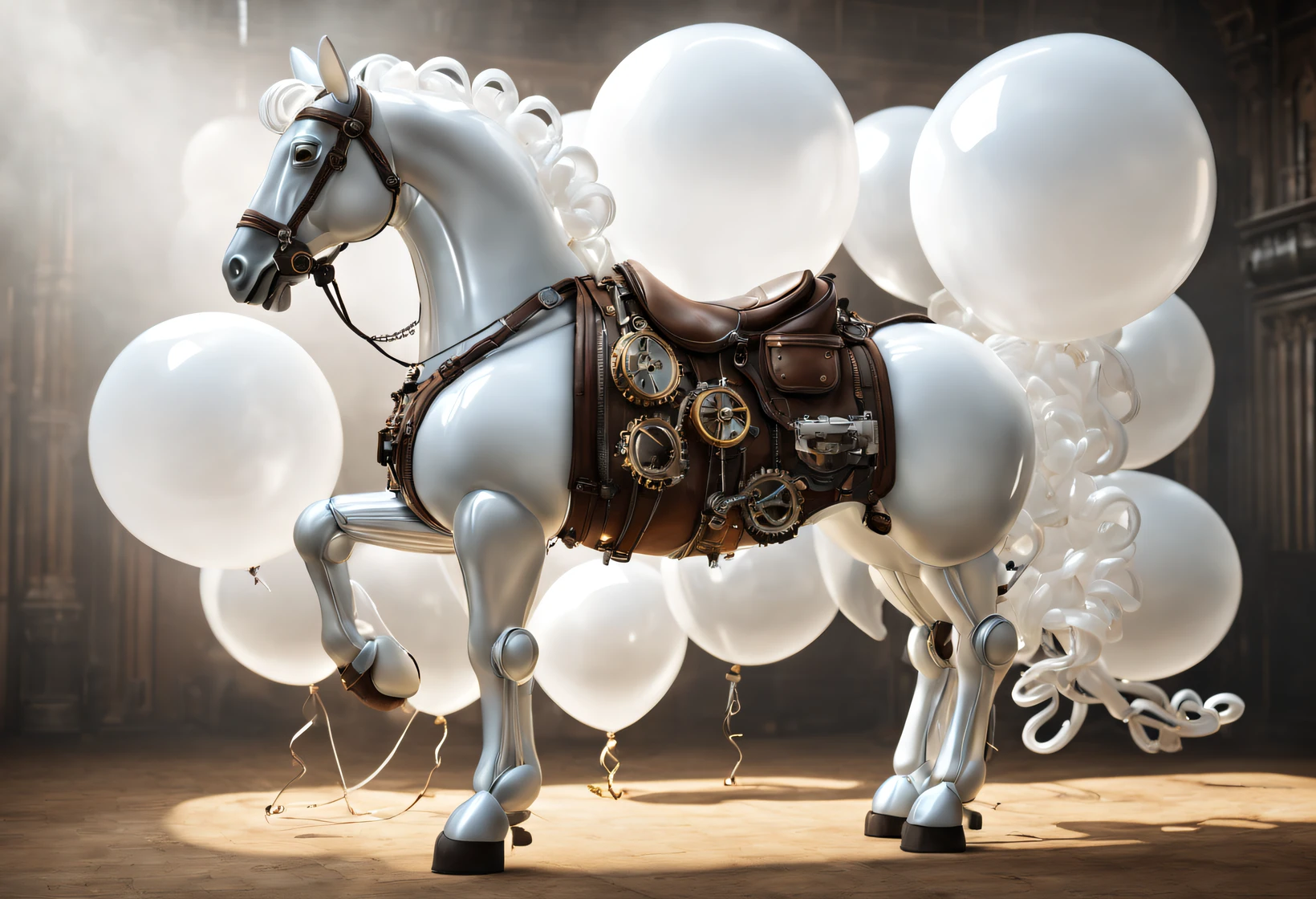 （balloon art design），（A steampunk horse made of white half balloons）， （Horse body and tail made of translucent white balloons：1.1），（without humans：1.3）Steampunk Reins，a 3D render, Anatomically correct horses, a 3D render, The organic combination of animation machine and balloon, Holographic steampunk background，