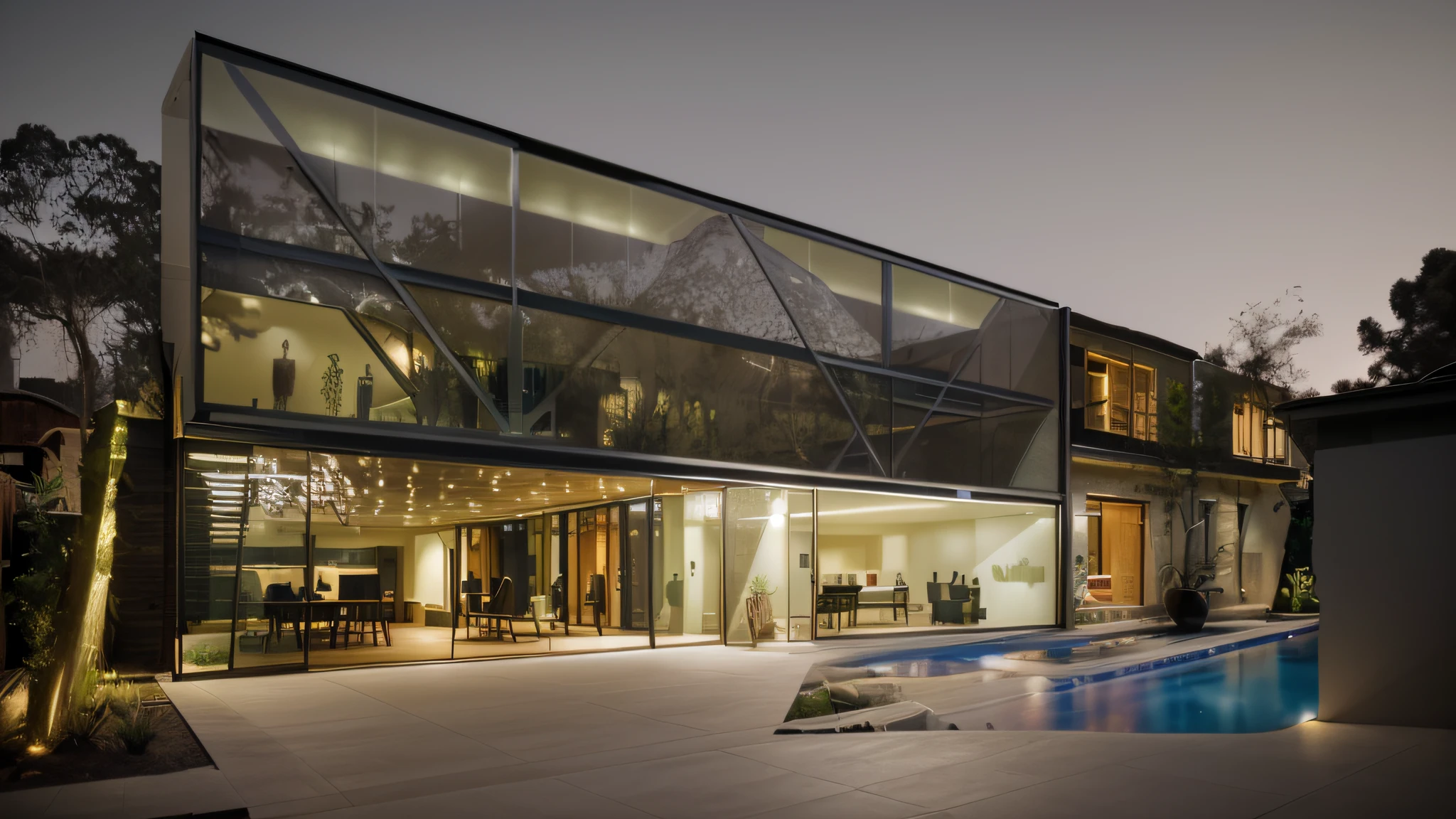 out side, modern house ,Photorealistic ,dusk, straight line,pool,glass door ,softlight lightings yellow,white wall