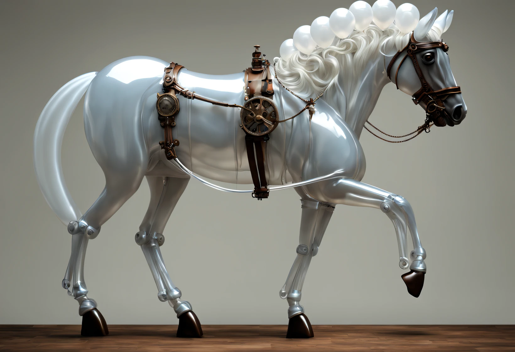 （balloon art design），（Steampunk horse made from white translucent balloons）， （Horse body and tail made of translucent white balloons：1.1），（NOhumans：1.3），Steampunk Reins，a 3D render, Anatomically correct horses, a 3D render, The organic combination of animation machine and balloon,Holographic steampunk background，