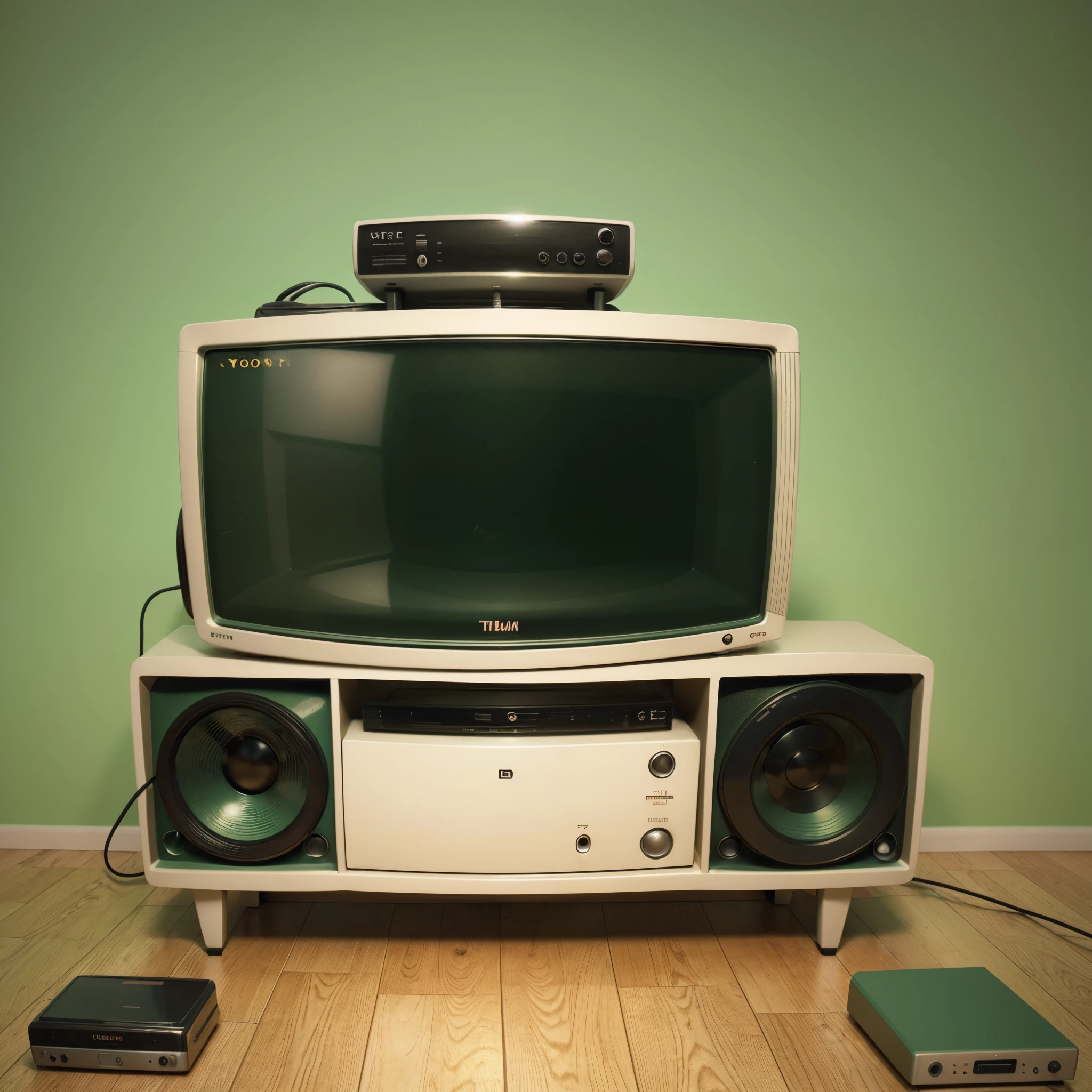 Old retro tube television 45 degree, centered, retro 1980 man with big fluffly hair man sitting next to him on the floor left arm is on top of the television he have walkman and smiling a bit, illustration, 3d render, animation style, green background