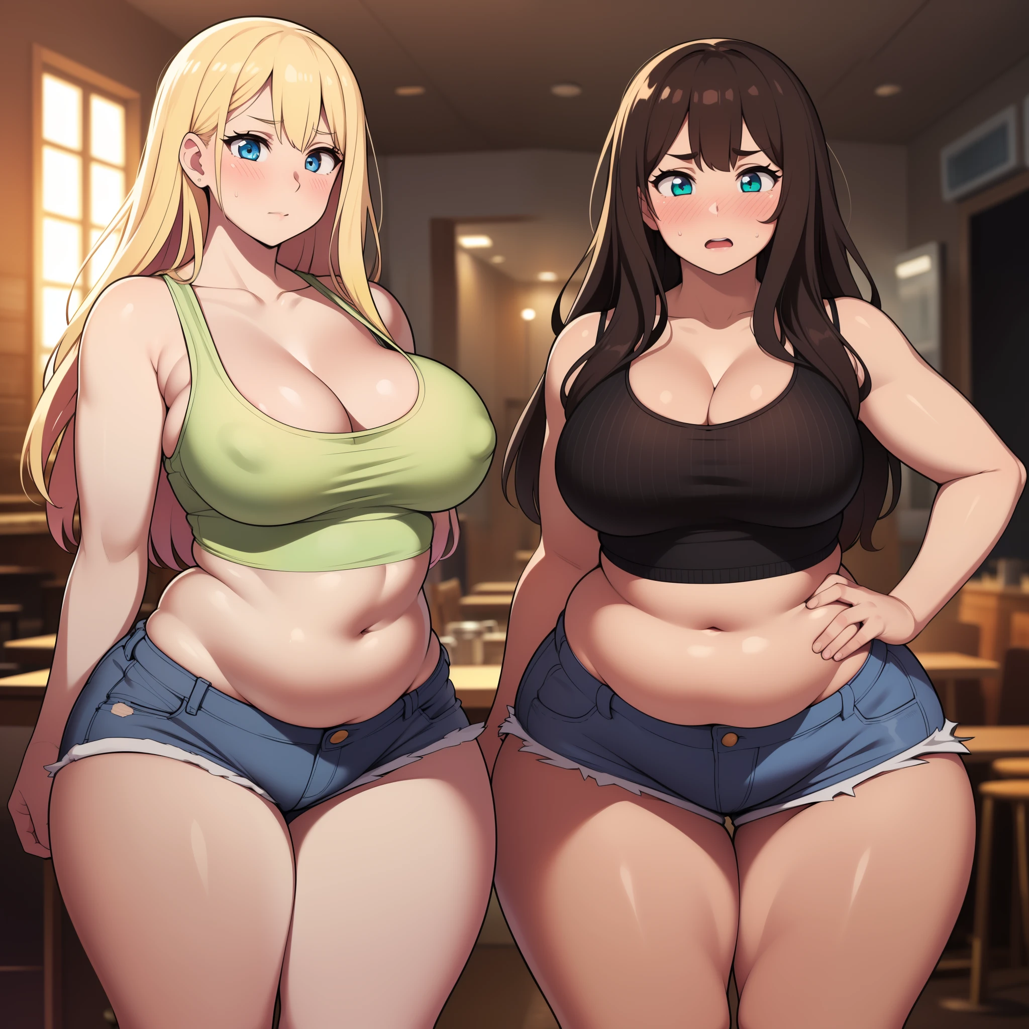 ((high res)), (Masterpiece), perfect anatomy, perfect shading, field of depth, (best quality), extremely delicate and beautiful, perfect lighting, detailed face, ultra cute face, cute, (cowboy shot 1.2), full body, (((2girls))), ((2 girls 1 and 2))

Girl 1: has long hair, fluffy hair, blonde hair, blue eyes, ((blush)), embarrassed (crop top 1.2), (jean shorts 1.2), extremely tight clothes, medium breasts, cleavage, perky breasts, ((wide hips)), (thick thighs), (chubby), pudgy belly, fat rolls, belly hang,

Girl 2: has short hair, fluffy hair, brown hair, green eyes, ((blush)), embarrassed, (white tank top 1.2), (jeans 1.2), extremely tight clothes, medium breasts, cleavage, perky breasts, (((wide hips))), ((thick thighs)), (plump), chubby belly, fat rolls, belly hang, she has a jiggly belly,

Fast food restaurant, intricate background, detailed background, girls are standing next to each other,