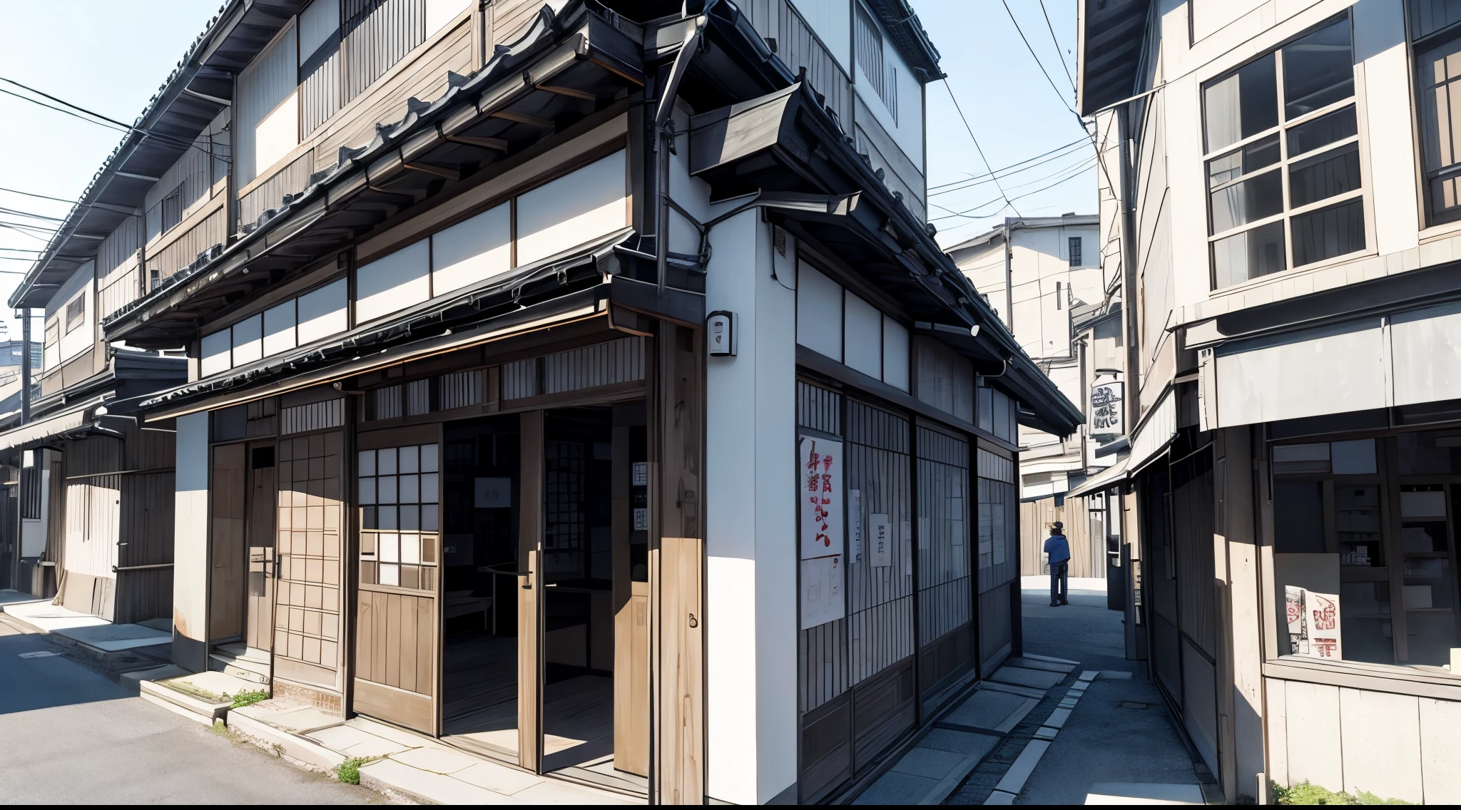 Make me Japanese store buildings drawn in manga style with cracks in shades of black, white and gray like a manga