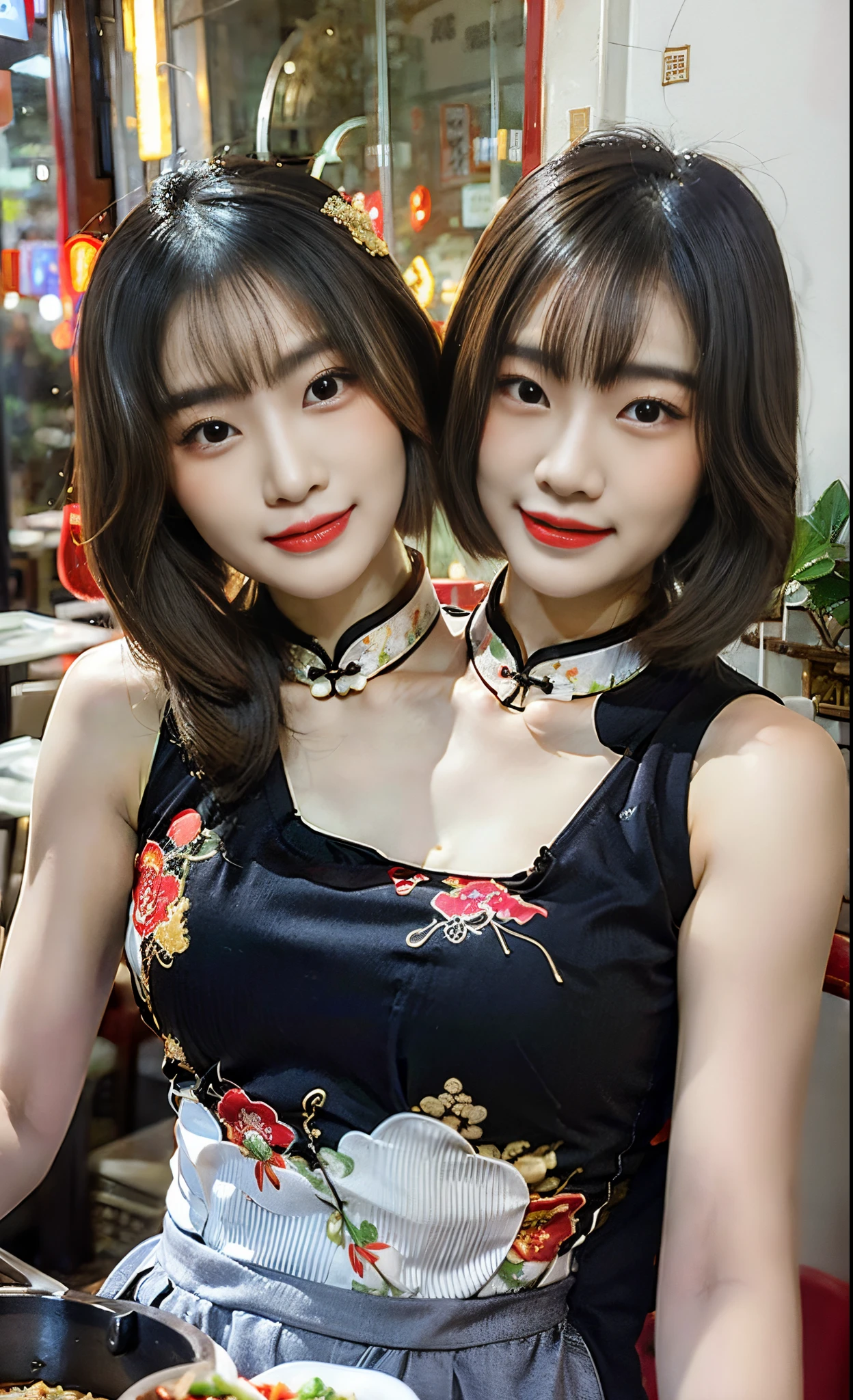 best resolution, 2 heads, half-body shot,asian woman with two heads, qipao, cooking fried rice, different haircuts, chinese restaurant background,