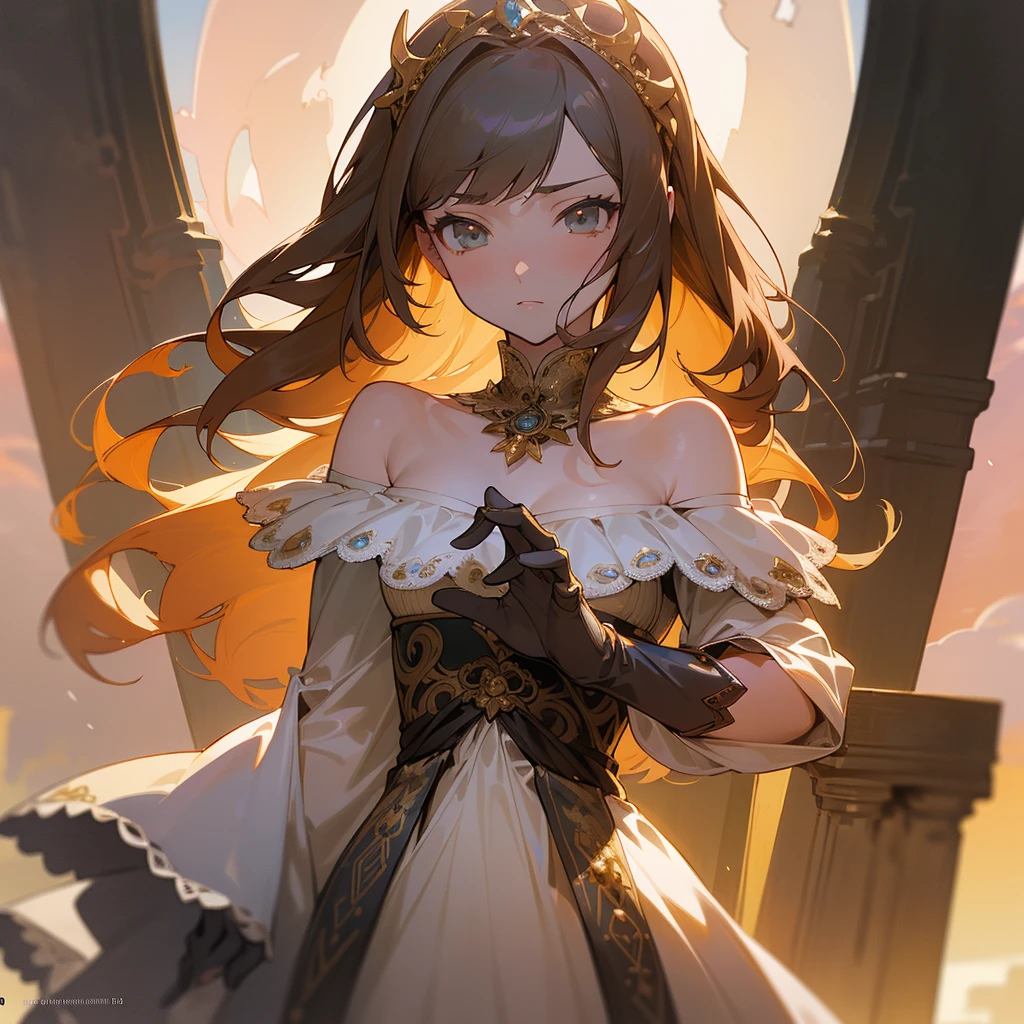 ((Finest quality)),(超A high resolution),(ultra-detailliert),(Meticulous portrayal),((Best Anime)),The best art.,sharpnes,Clair,natural soft light:1.3,at the sunset,medieval times, (adult woman),(Detailed and detailed beautiful color dresses,Meticulously designed lace,off shoulders),Evening Gloves,hair adornments