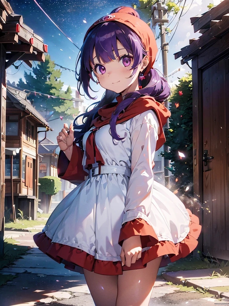 ((((Princess of Moonberg)))), ((1little girl)), ars, ((drooing eyes)),(((deep purple hair))), ((Blunt bangs)), (Fluffy long hair), (low ponytail), (Deep red eyes), Pearl earrings,
((((red hood)))), (Lotto emblem on the hood), (((Red Stall))), ((White robe with red edging)),
Holding a magic wand in her left hand, fireball, looking back, smile,
masutepiece, Best Quality, (the Extremely Detailed CG Unity 8K Wallpapers), (Best Quality), (Best Illustrations), (Best Shadows), (((Particle effect))), Isometric 3D, Octane Rendering, Ray tracing, super detailed,