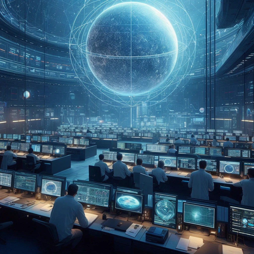 view of a large room with several computers and a large screen, Futuristic government solar system, Inside a futuristic military base, Futuristic Science Lab, Futuristic Lab, futuristic production facility, Sci - Крытый Fi, cyber space, depicted as a sci-fi scene, futuristic cyberpunk scenario, Sitting in the control center, In a futuristic laboratory room, in a futuristic arena, science fiction, photo realism, Planet Medlana, Luxor solar system, Station for tracking objects in the solar system and beyond. Office of space observation stations, high detail, many jobs, rogue radars, 3D star screen on the wall, monitors around the walls, equipment, instrument lighting, in the middle of the room is a transparent star globe with meridians and parallels, many employees.