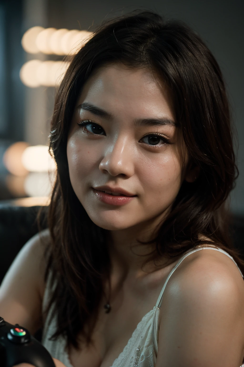 photograph close up portrait of Young Chinese woman playing video game on sofa,happy,excited, cinematic 4k epic detailed 4k epic detailed photograph shot on kodak detailed bokeh cinematic hbo dark moody