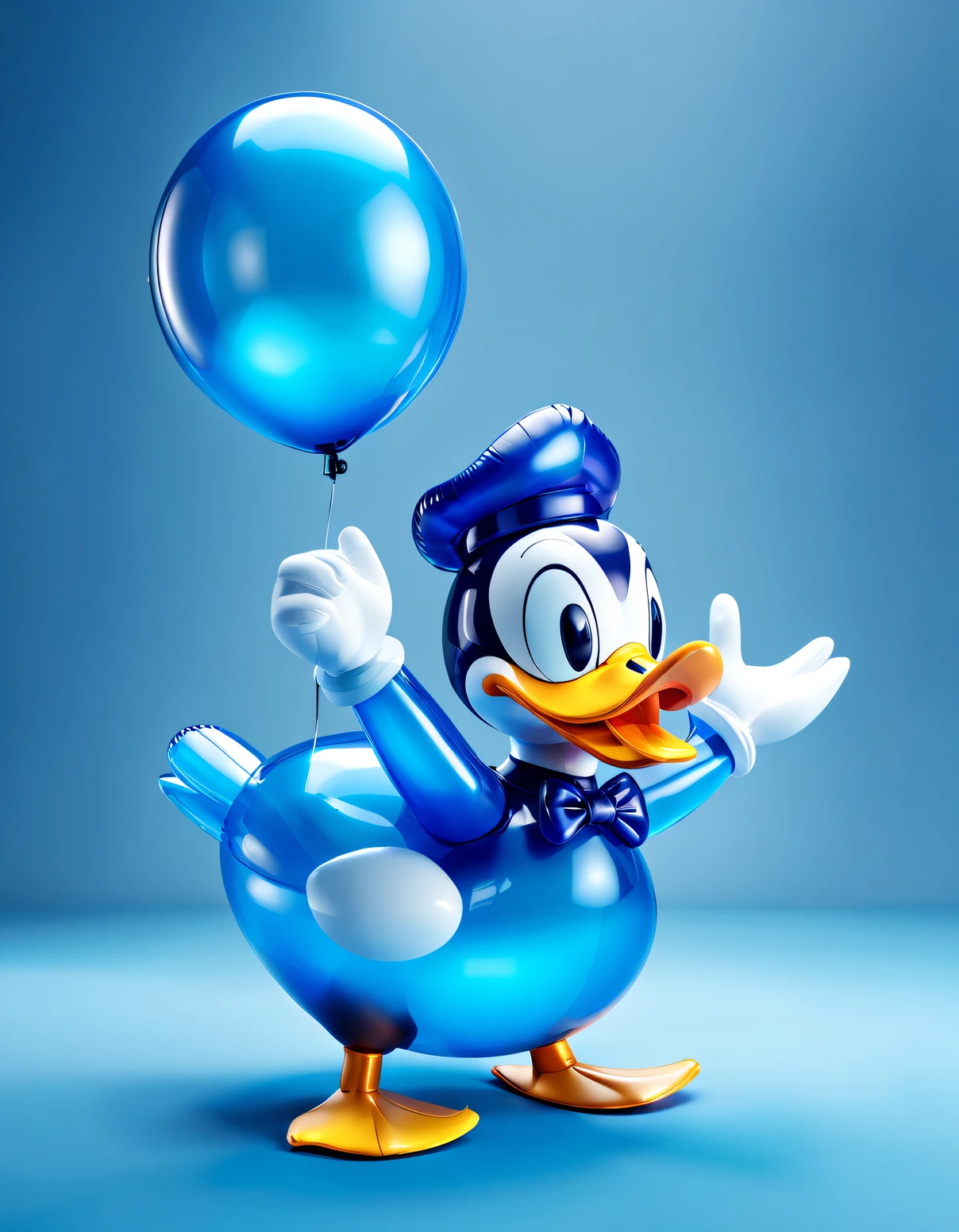(Poster design),(Inflatable toy design),(balloon toy design),(Close up of blue transparent Donald Duck inflatable toy on blue background,),blue creative design, Performing arts, Creative and fashionable, Holographic design, 3D, c 4 d style, Best quality at best,