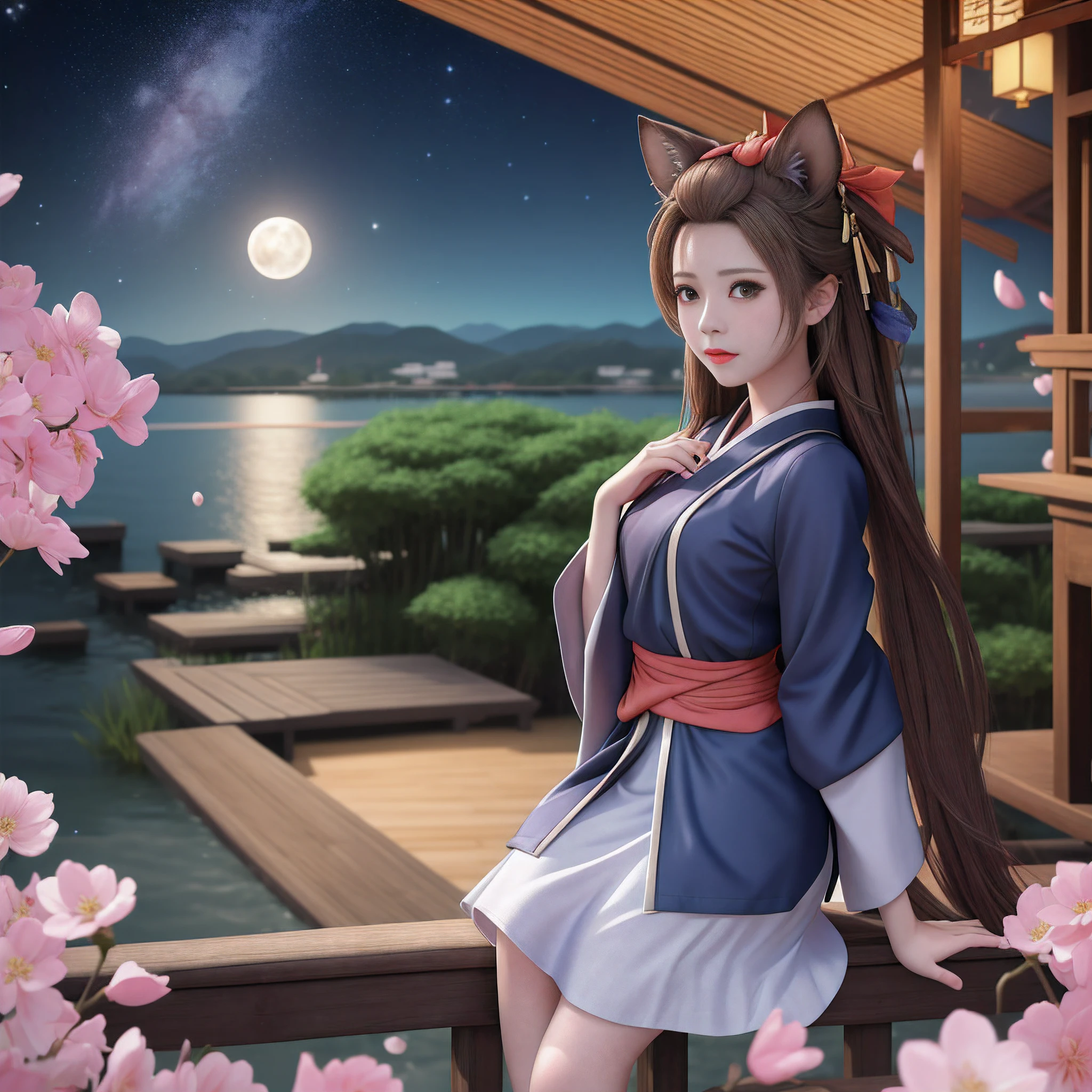 masterpiece, best quality, 8k, wonderful, lake, mountain, bamboo forest, wooden house, moon, night, star sky, Galaxy, blossom, wood boat, 1girl, brown hair, brown eyes, bangs pinned back, forehead, animal ears, animal tail, very long sleeves, petite, kimono, girl, hair beautiful, adult, yugioh, ash blossom & joyous spring, cry, tear, look the other way, background clear full HD