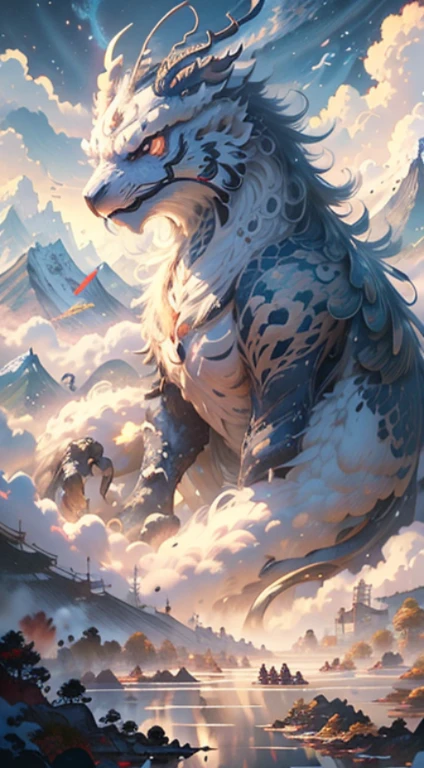 filmposter，mythological creatures，Ink painting and watercolor，Ink painting and watercolor，Chinese mythology Kun illustration, Giant carpenter, Ancient times, Kiyohiko Higashi, tiny mountains, Color ink, Wu Guanzhong, Fly in the sky, wings, Gigantism, pressure, Original art design, setting in nature, dispassionate, The content is complex, divino, ultra-wide-angle, extreme panoramic, Extremely low viewing angles。Illustration style，The art of endurance，empire weather，eventide，2d，very imaginative，epic，Go beyond the details