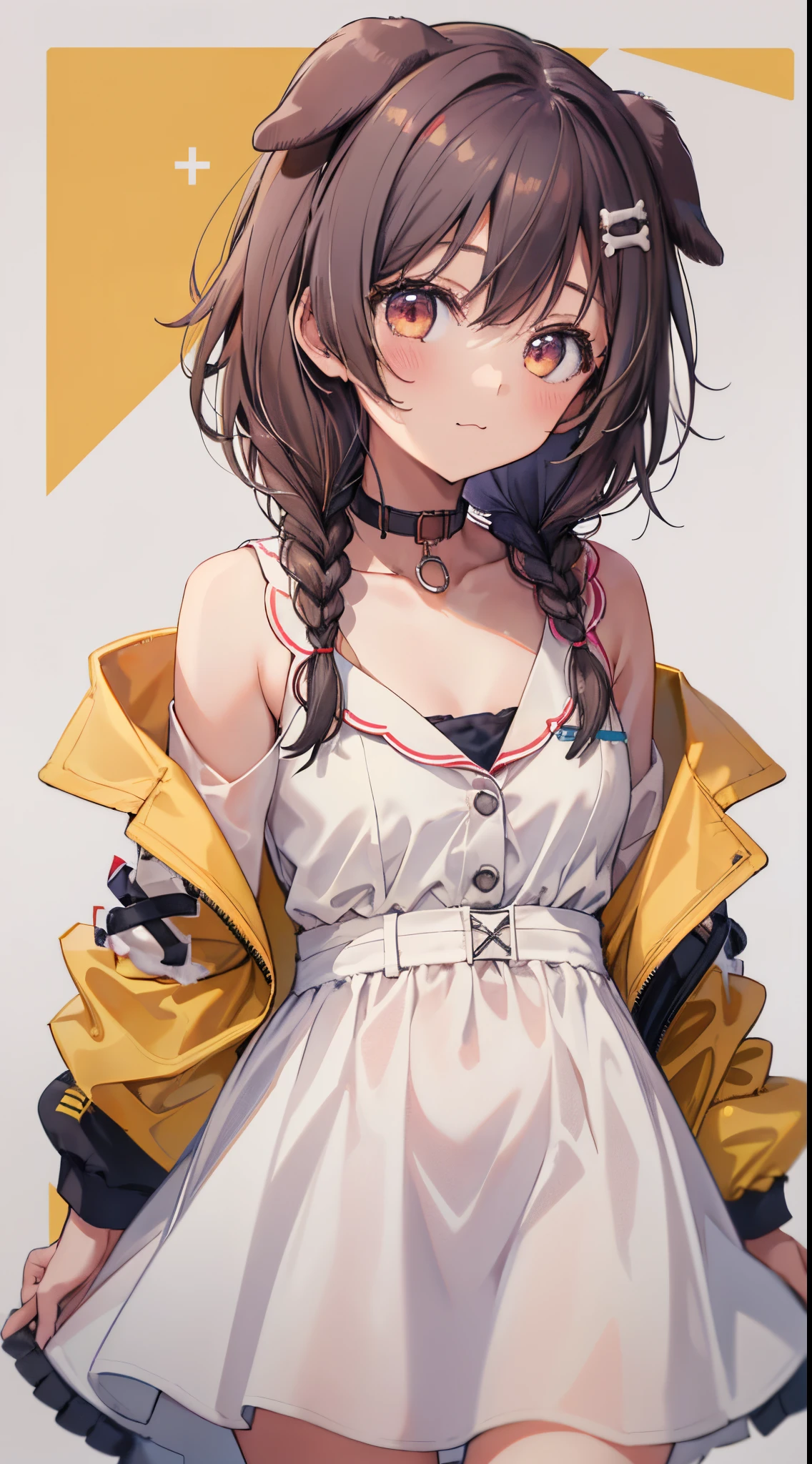 1girl in, Solo, Simple background, Yellow jacket, White Dress, off shoulders, animal collar, low twin braids, Bone hair ornament, Dog tail, :\3、(((a closeup)))