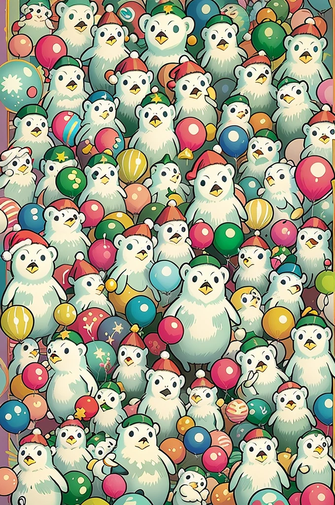 ((Christmas polar bear made of balloons and little penguin made of balloons, Wearing a Christmas hat made of balloons)), , ((Christmas background, Christmas tree made of balloons, gifts,)), Cute and detailed digital art, lovely digital painting, Cute balloon penguin, Lovely detailed artwork, digital painting very detailed, Cute and colorful, Cute big breasts, Highly detailed digital artwork, detail-rich、many color。Cartoon vector style, change!, Avatar picture, Flat anime style, Cartoon minimalism, Flat vector art, flatillustration, Cartoon Cute,