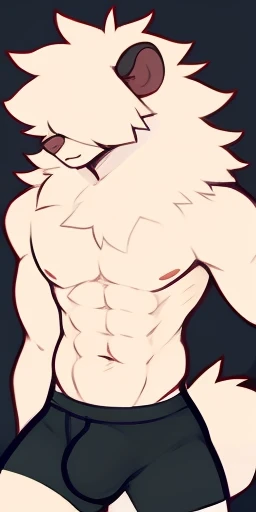 thin male solo possum by zackary911 hair over eyes wearing fashionable black skimpy briefs, bulge, visible through underwear , small waist, broad chest, big mane, slim scruffy, muscular