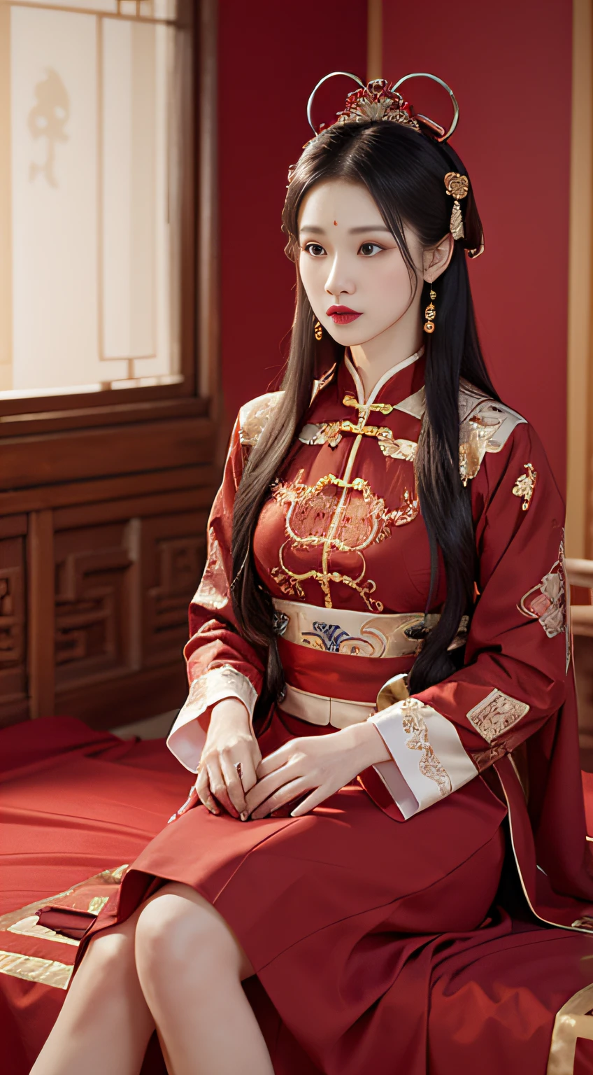 (Ultra-realistic 8k CG: 1.2), perfect artwork, delicate patterns, intricate details, (unparalleled masterpiece, best quality: 1.2), (extremely complex: 1.2), a woman in a red and gold dress, phoenix crown, hair stick, (sitting on a red bed), makeup, blush, shyness, black_hair, looking down, cosmetics, (forehead point), (2 red candles), Chinese_clothes, curtains, earrings, hair_ornament,hanfu, interior, jewelry, red nails, long_sleeves, red dress, red lips, tassels, (red quilt), (red palace: 1.2), (ancient Chinese architecture), (red: 1.8), night