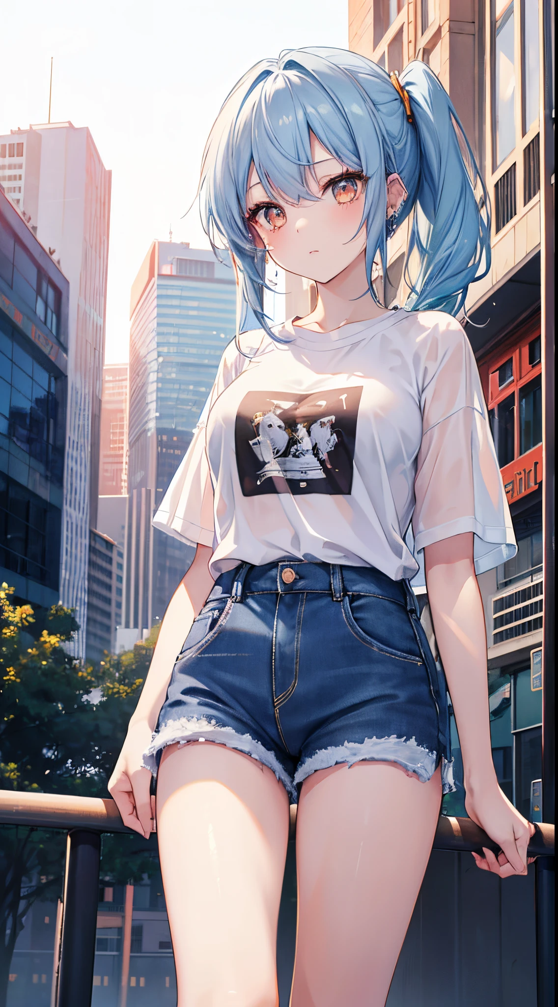 (8K、Top image quality、top-quality、masterpiece)、1 girl in、blue hairs、side poneyTail、Orange eyes、piercings、Moderately breasts、Big white t-shirt、denim short shorts、cowboy shot、City background、Taken from below
