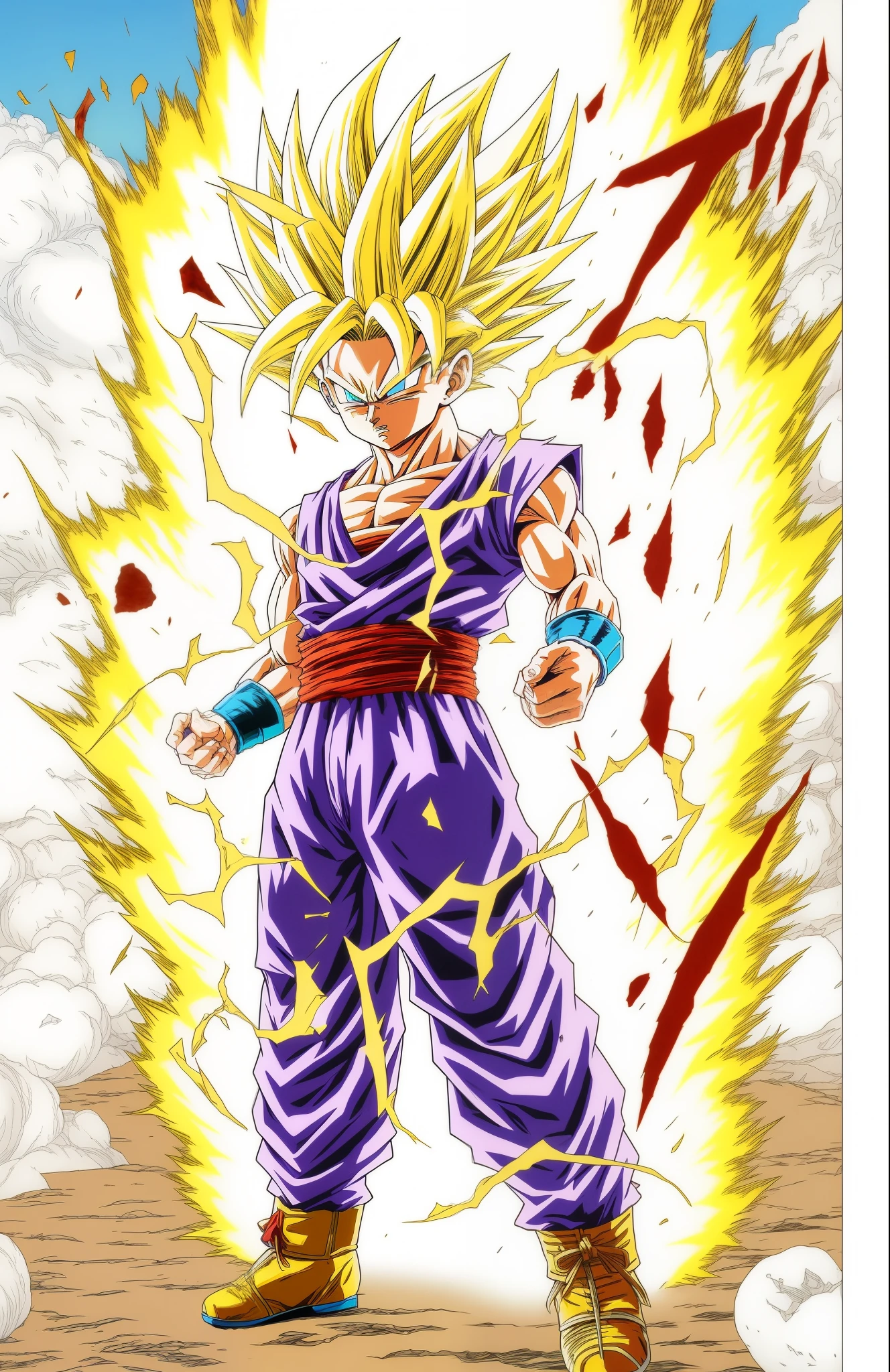 Gohan character realistic artwork, super saiyan, full color realistic image style, akira toriyama style, color realistic, jesus christ go super saiyan, dragonball character.