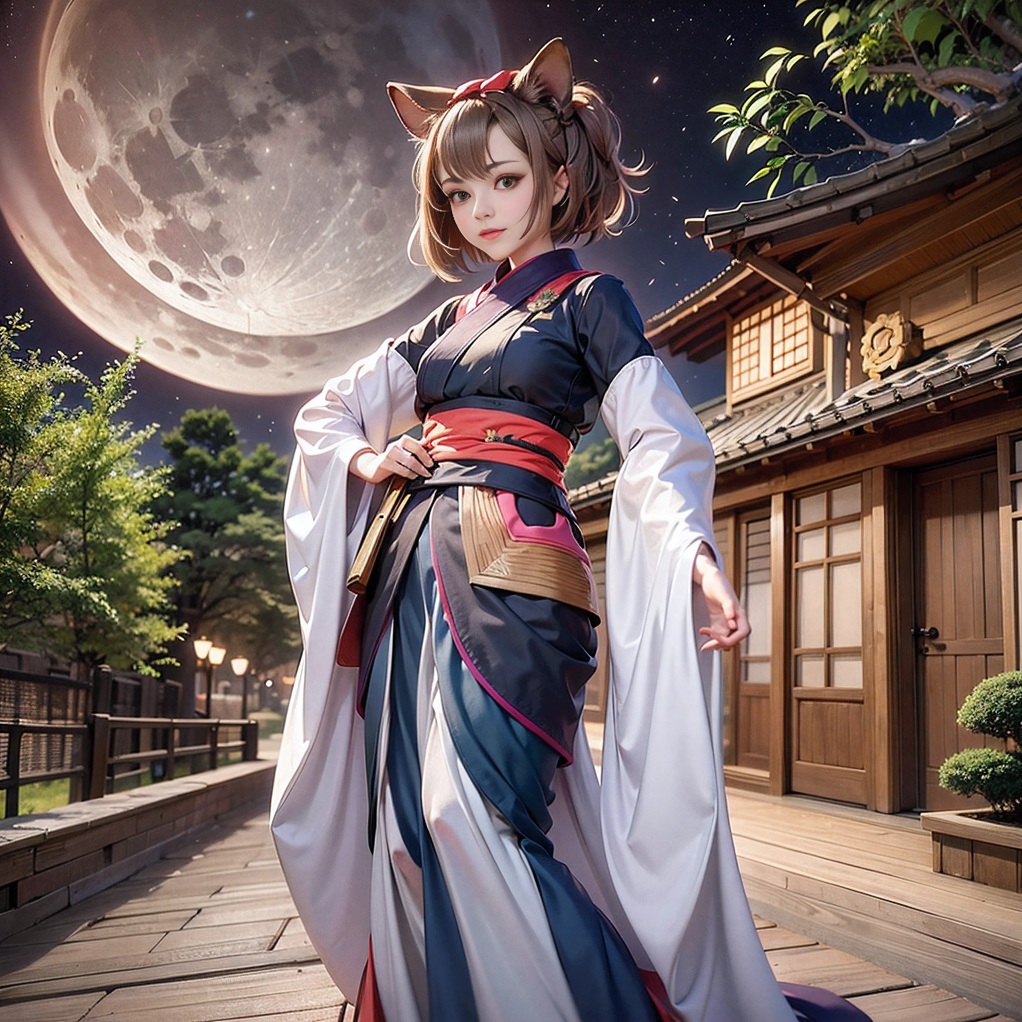 1girl, brown hair, brown eyes, bangs pinned back, forehead, animal ears, animal tail, very long sleeves, petite, kimono, :3, smug, outdoors, night sky, big moon, bamboo, standing, only one girl, full body