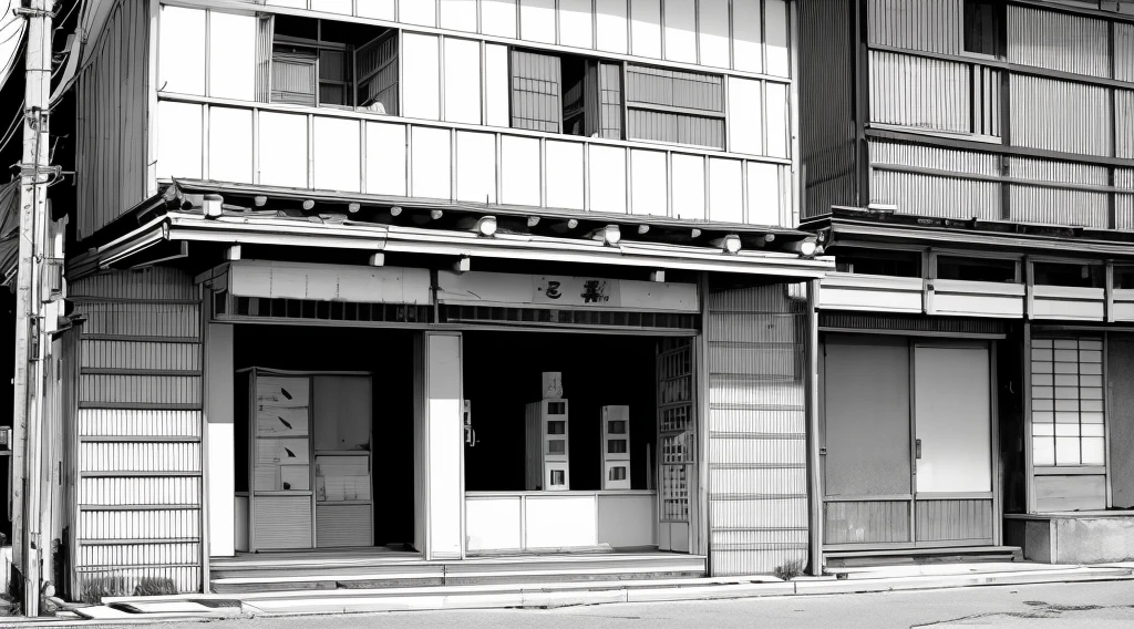 Make me Japanese store buildings drawn in manga style with cracks in shades of black, white and gray like a manga