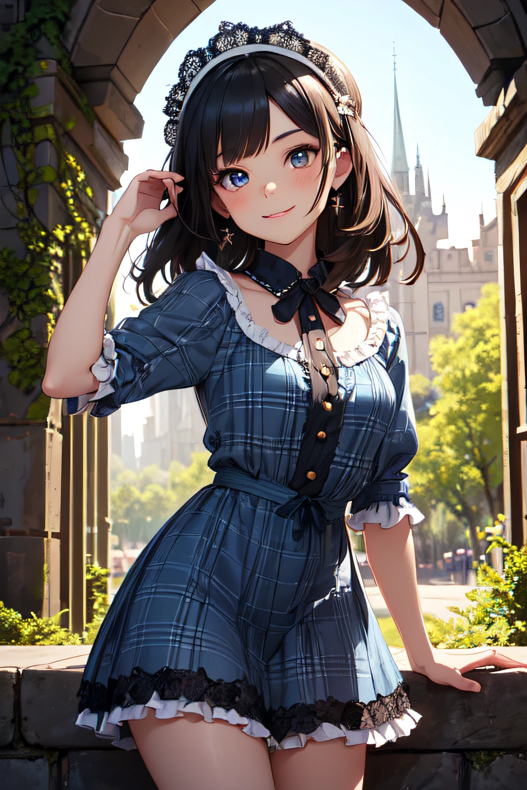 Very cute and beautiful girl,(very detailed beautiful face and eyes:1.2),
Smile,Black hair,Dynamic Pose,Beautiful legs,(Cowboy Shot),
Blue plaid lolita dress with detailed ruffles,
Palace Gate,shrubbery,Small flowers,Distant trees々,
(Best Quality,masutepiece:1.2),Intricate details,hight resolution,1 girl,Solo,Cinematic lighting,