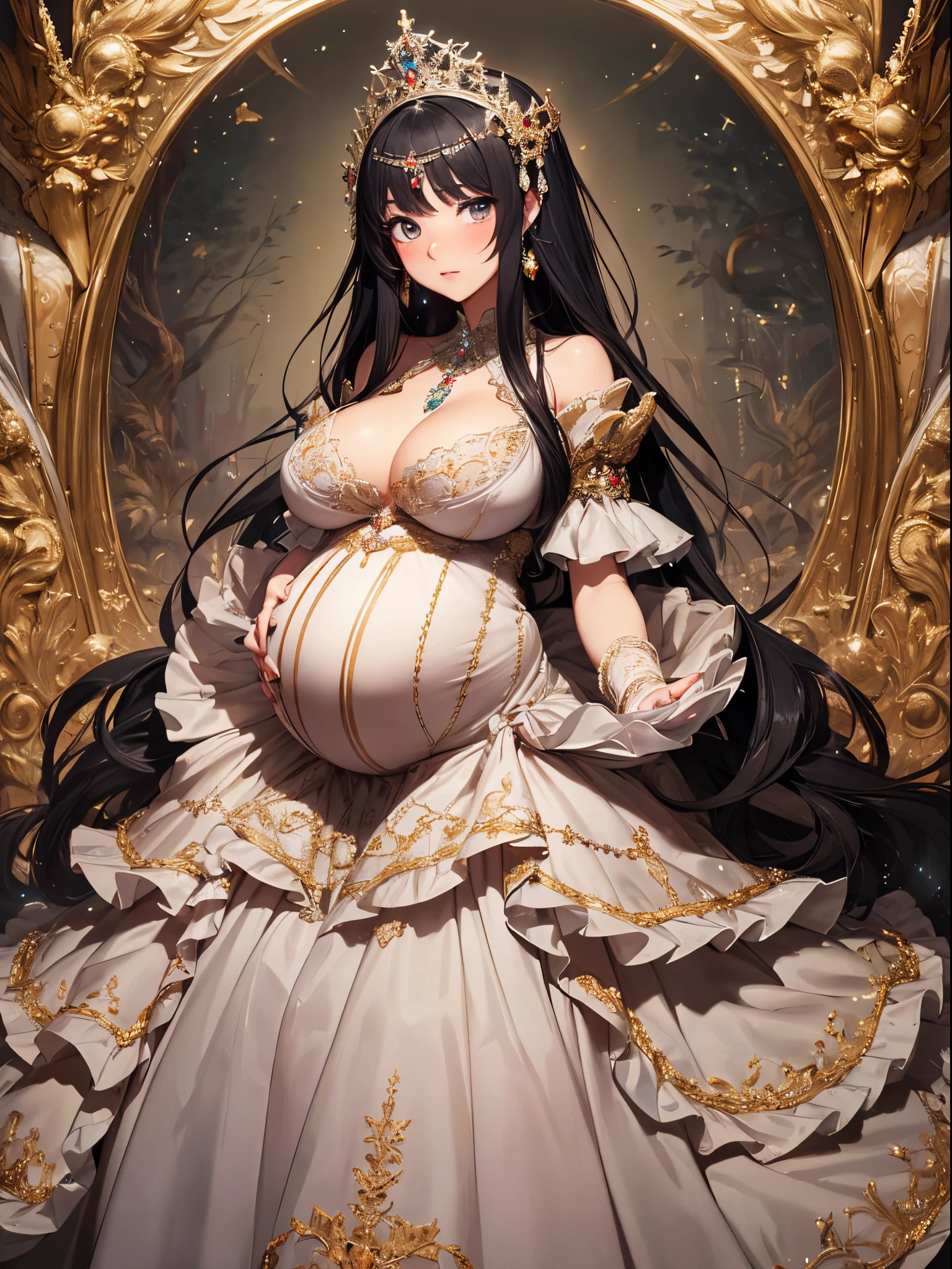 ultra-detailed, extremely detailed,((anime artstyle)),Masterpiece,(Best Quality),(Super Detail),(Very Delicate and Beautiful),((Solo)),((full body)),full body,((detailed face and eyes)),perfect eyes, rendered eyes,jewel-like beautiful eyes,((embarrassed,blush)),((1 pregnant princess in beautiful embroidery and jeweled gorgeous rococo ballgown with voluminous full length hoop skirt)),(((heavily pregnant))),((Crinoline,luxurious ruffles)),beautiful embroidery and jeweled gorgeous rococo ballgown with voluminous full length hoop skirt,(large amount of straight hair,extremely voluminous Very Long straight Hair,Absolutely Long Straight Hair),(((very gigantic boobs))),skindentation,Bursting breasts,cleavage,(fantasy castle,luxury palace),long_gloves,extremely gorgeousfull jeweled hair ornament,(bling-bling extremely gorgeousfull jeweled tiara),(luxurious jewelry),full body,beautiful embroidery and jeweled gorgeous rococo princess ballgown with voluminous full length hoop skirt